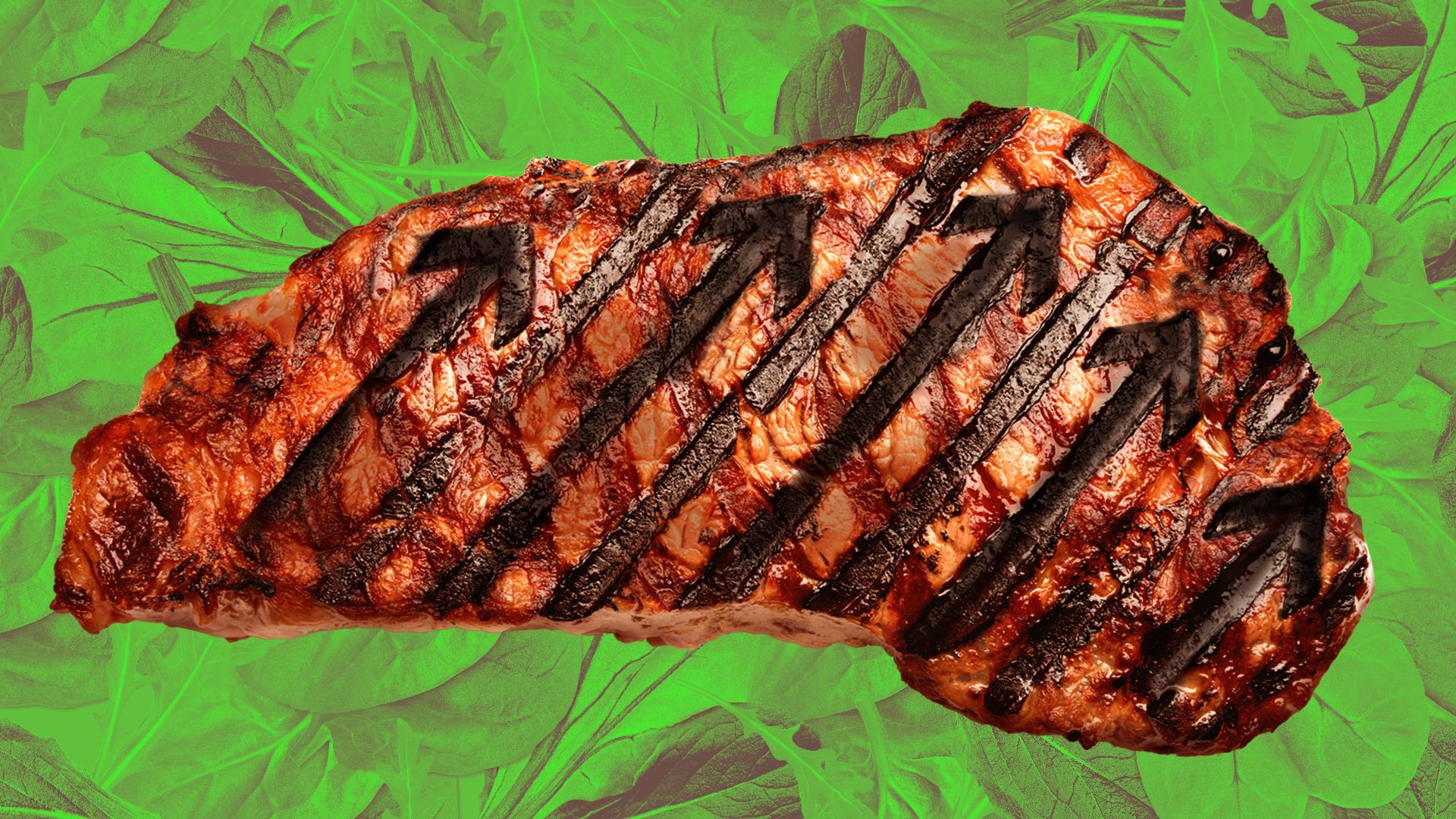 Illustration of a steak with grill lines made of upward trending arrows, resting on a bed of greens.