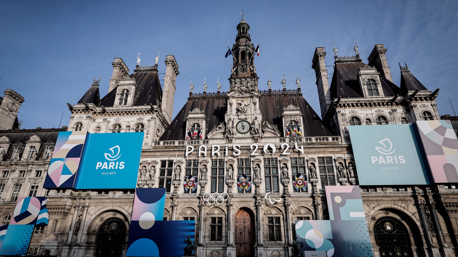 Paris' city hall decorated with Paris 2024 Olympic and Paralympic Games' poster