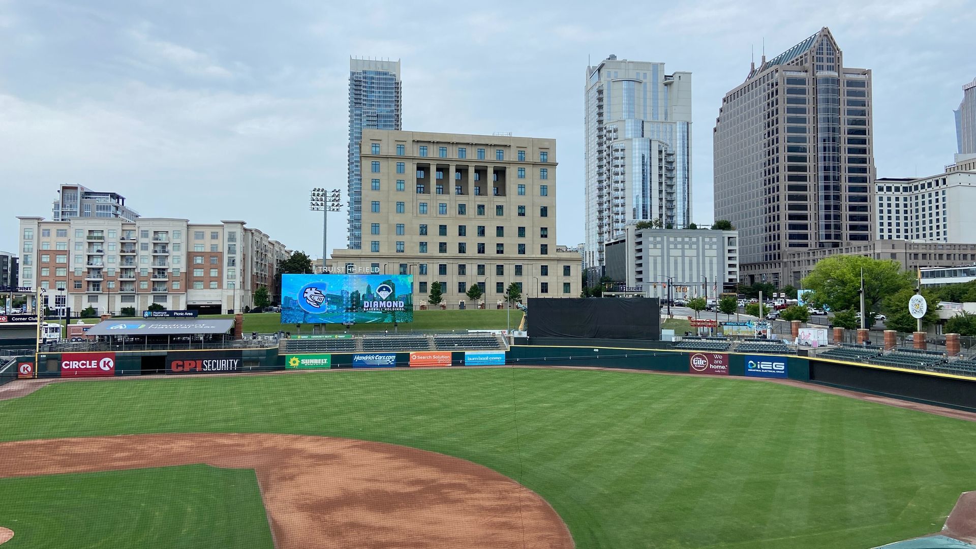 Charlotte Knights ballpark with the Charlotte skyline behind. 