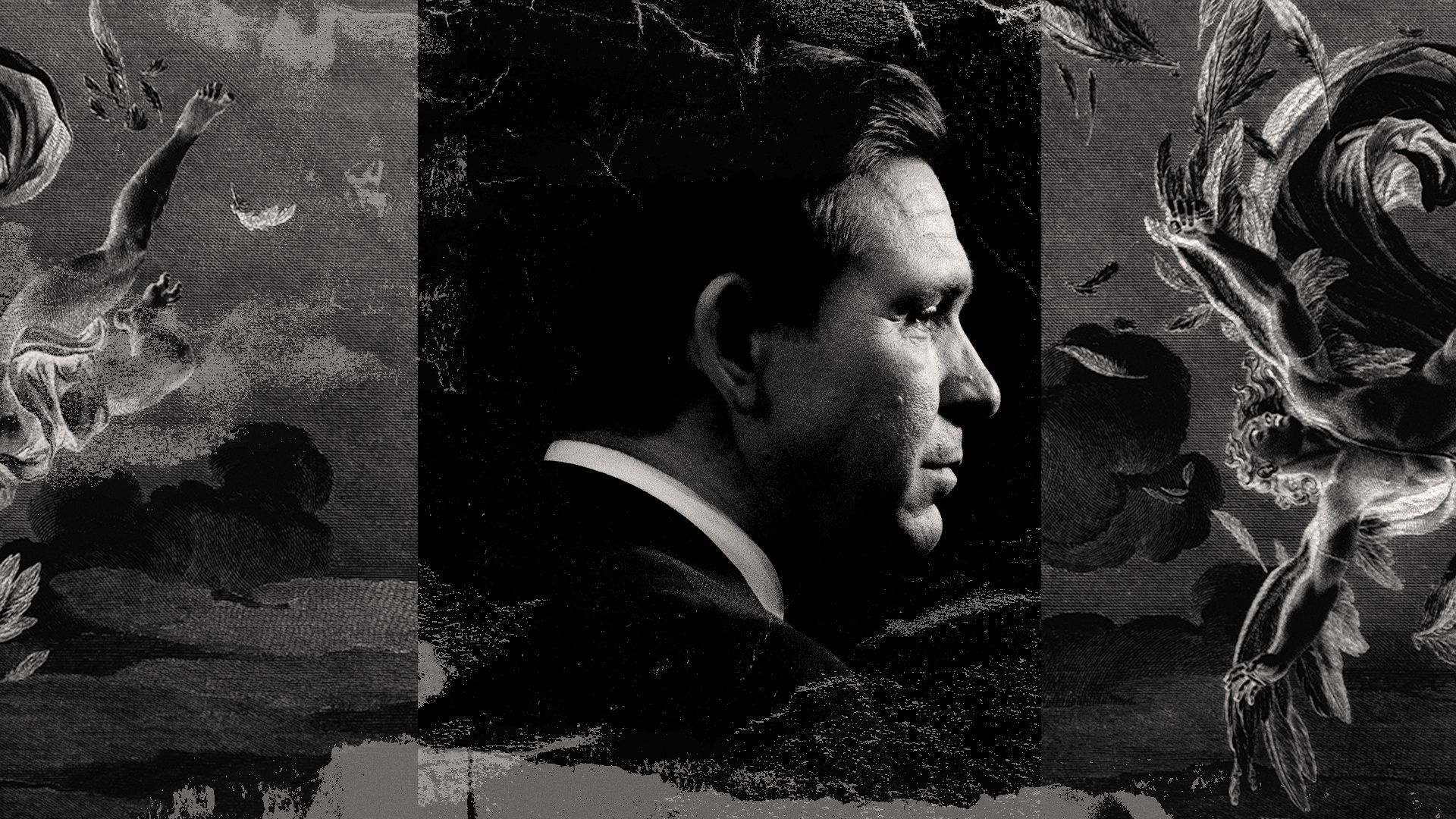 Photo illustration of a somber portrait of Ron DeSantis between a split engraving image of the fall of Icarus, overlaid with torn paper and scratched textures.