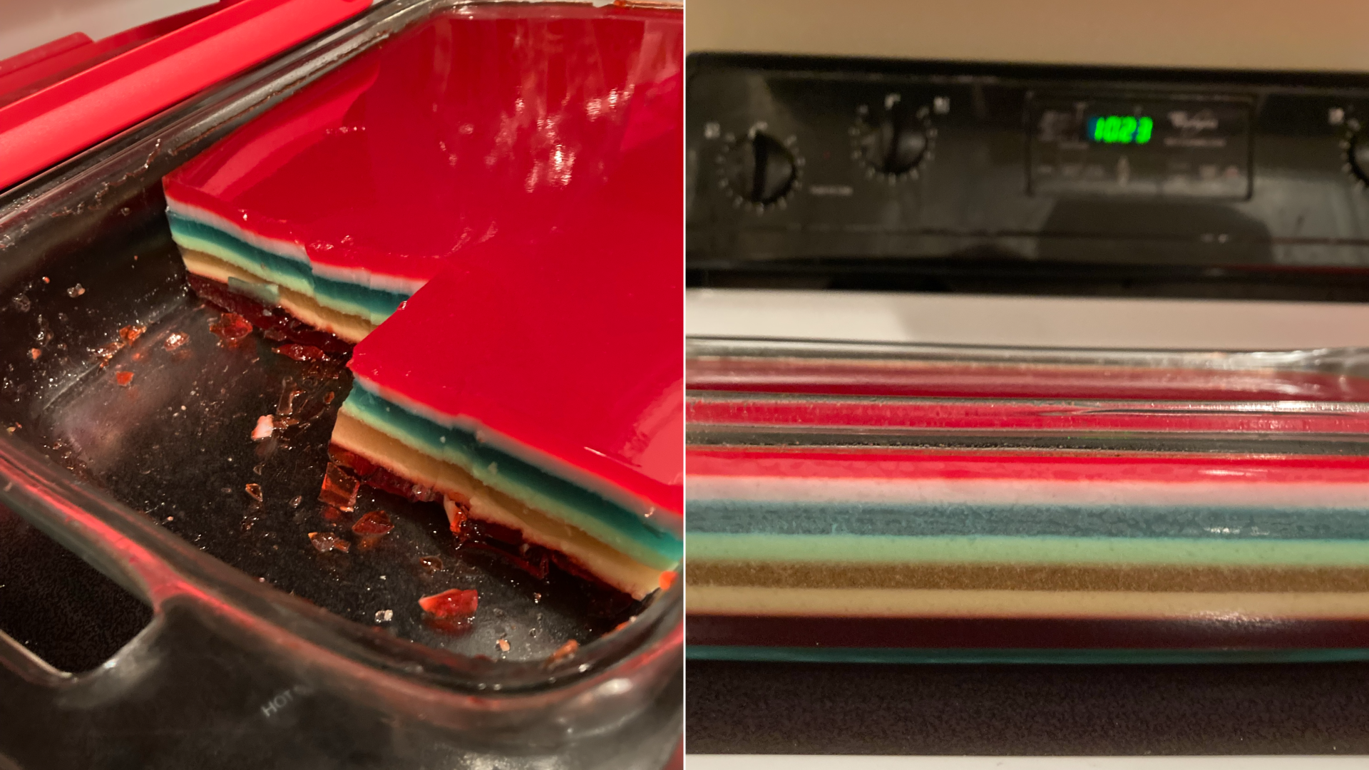 7-layer jello in a glass tupperware pan