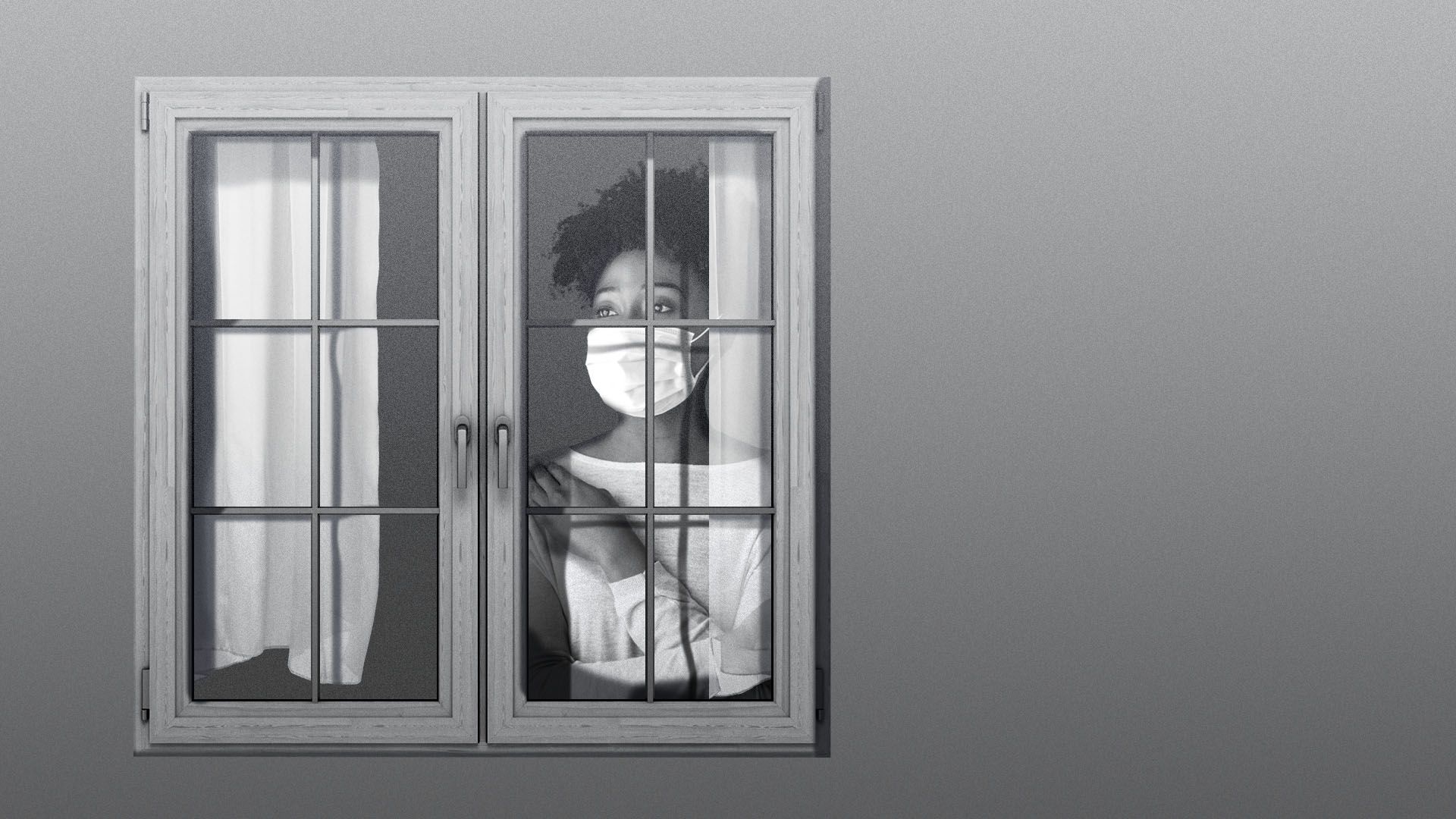 Illustration of a woman in a medical mask looking out a window