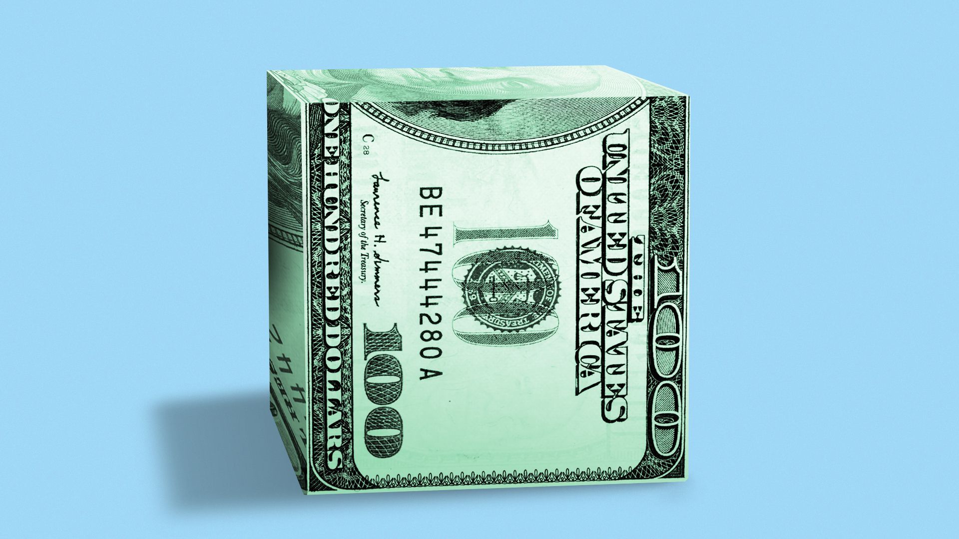 Illustration of a closed box made from a one hundred dollar bill