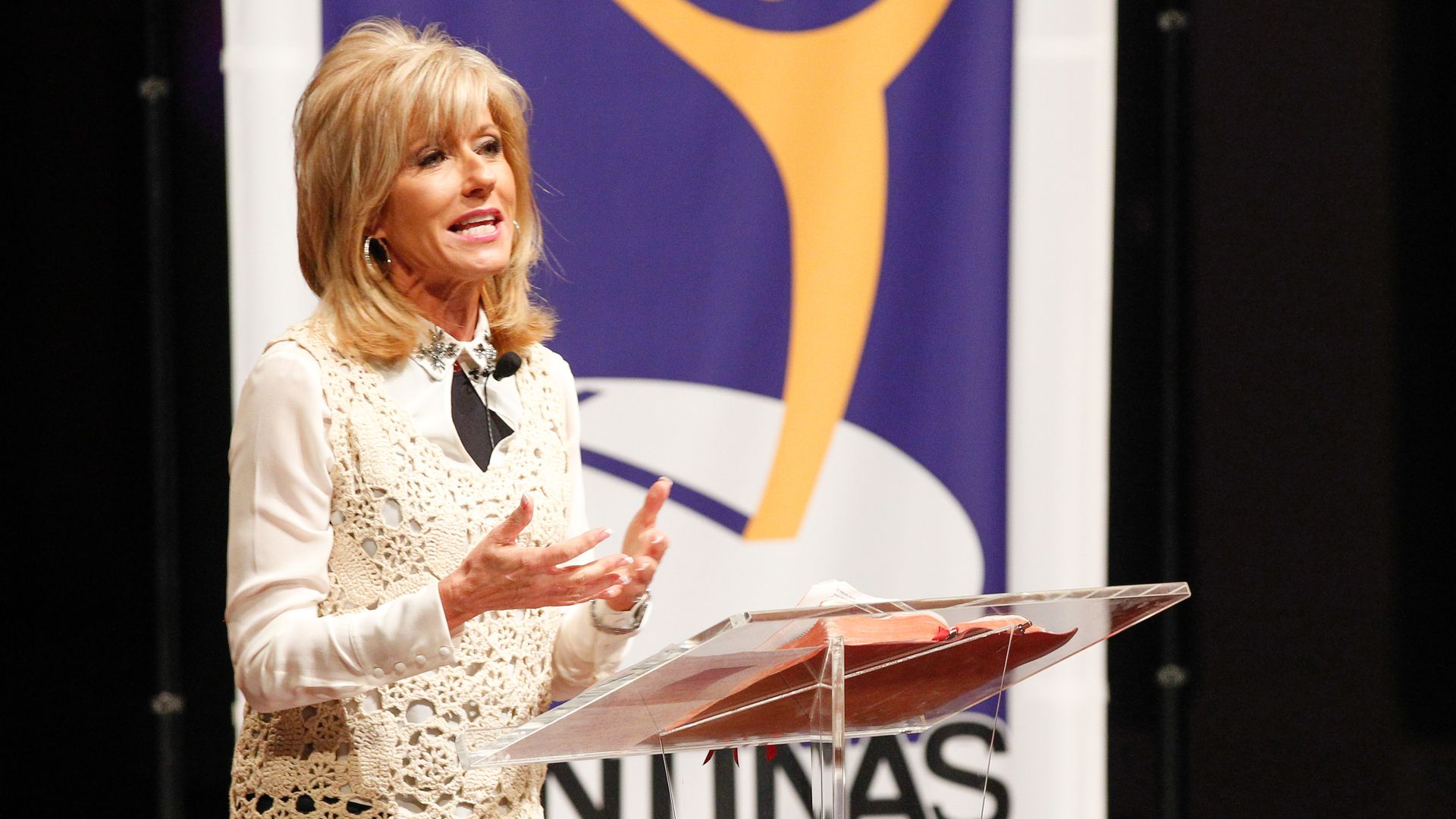 Evangelist Beth Moore speaking in Nashville, Tennessee, in 2014.
