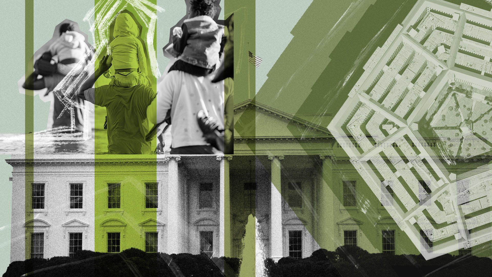 Photo illustration of migrants, the White House and the Pentagon.