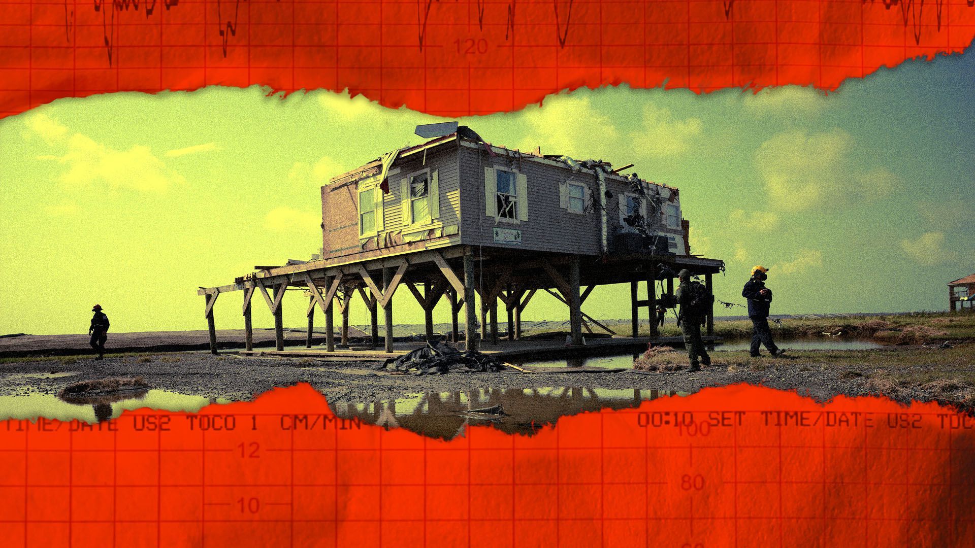 Photo illustration of a house damaged by a hurricane behind ripped paper
