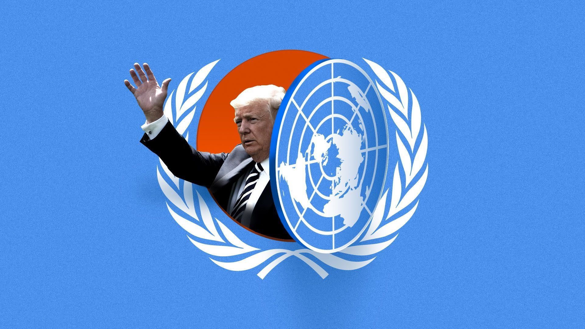 Trump waving through United Nations General Assembly logo
