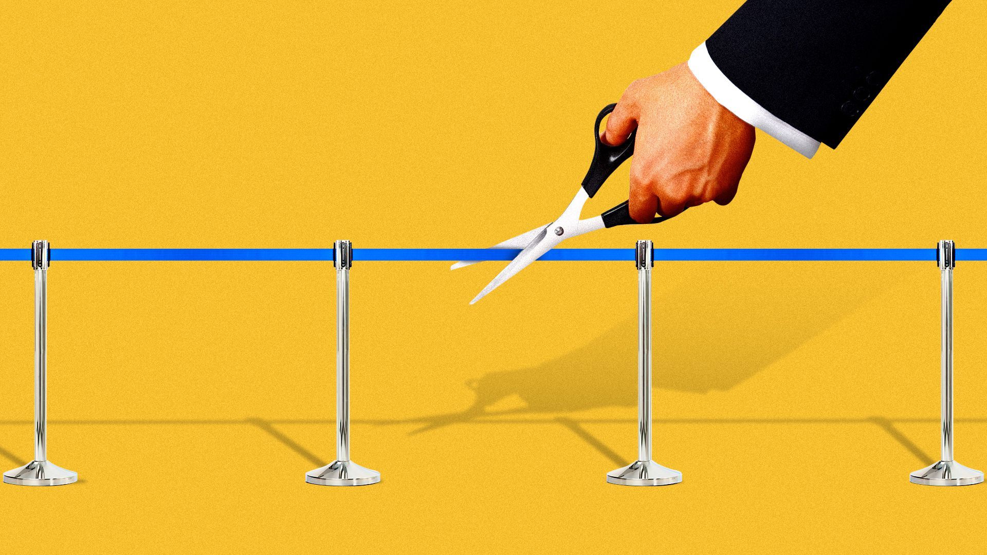 Illustration of a hand cutting a crowd control roped queue line. 
