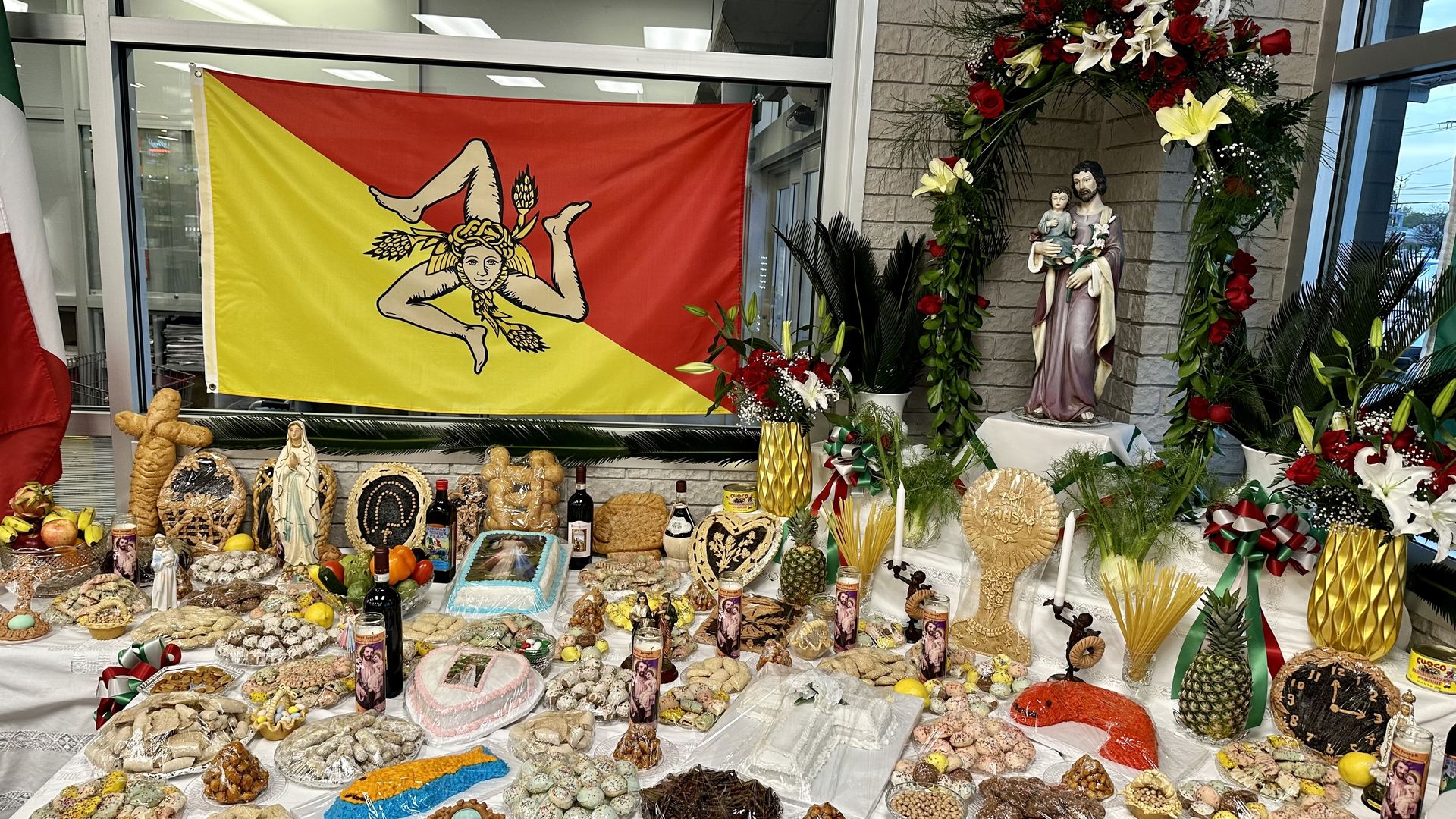 Photo shows a St. Joseph's Day altar in Dorignac's