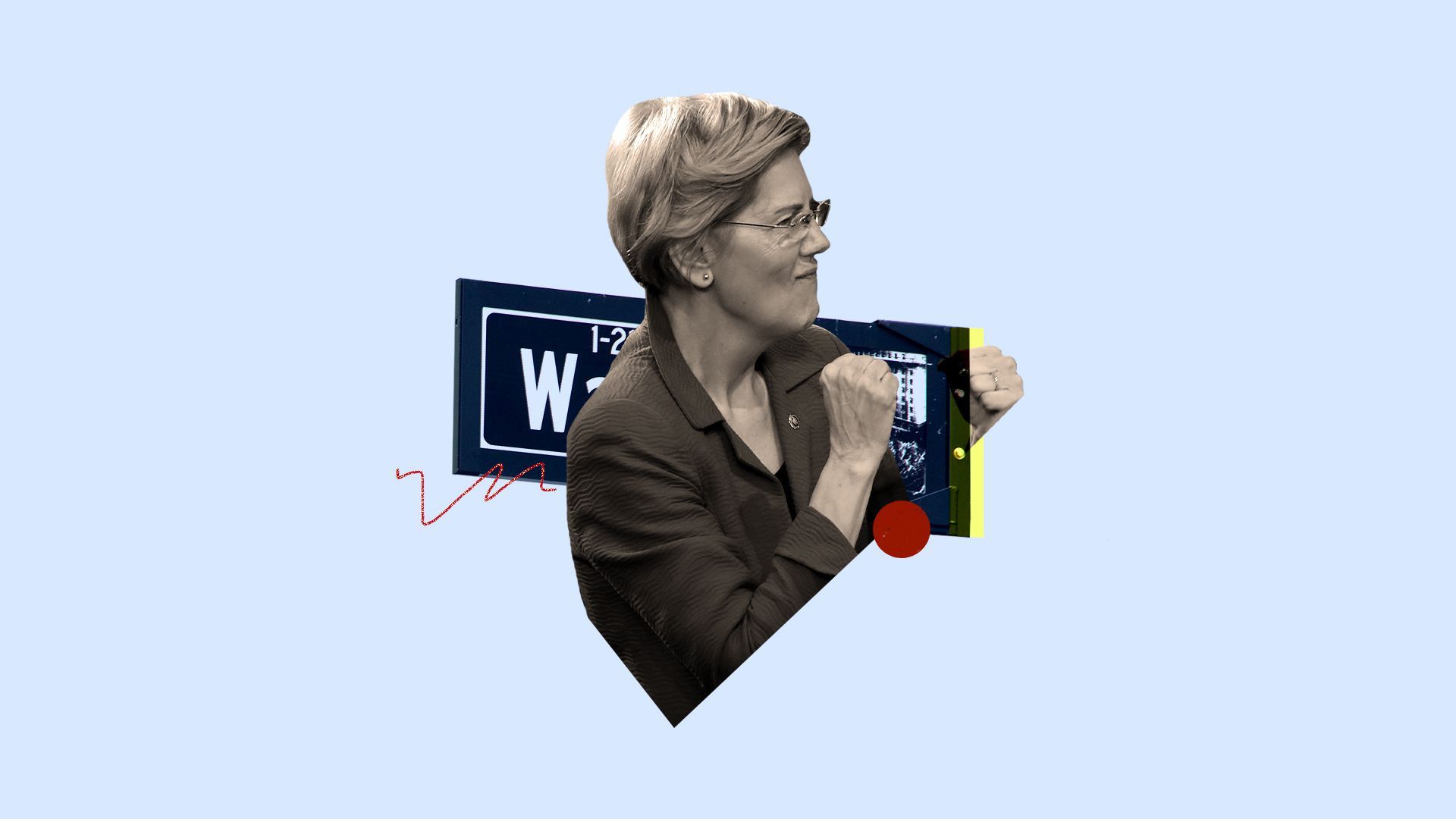 An illustration of Warren holding one of her signs. 