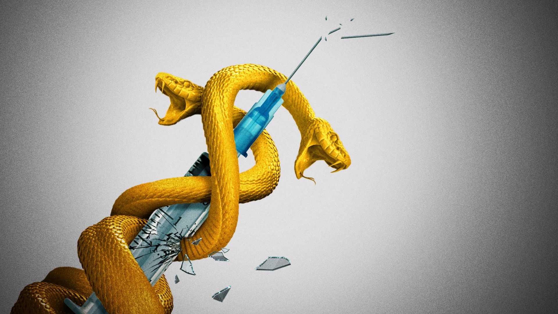 Illustration of the two snakes of a caduceus strangling a vaccine.