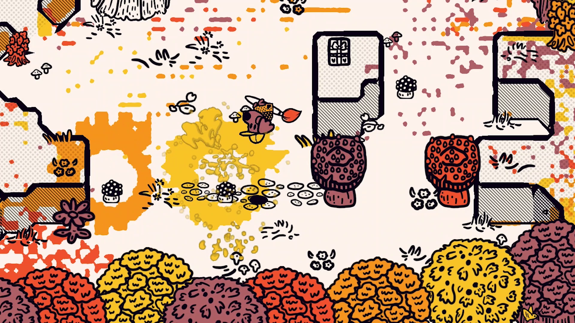 Screenshot of a game. A dog is doing a flip in a forest that has partially been colored in with a magic paintbrush
