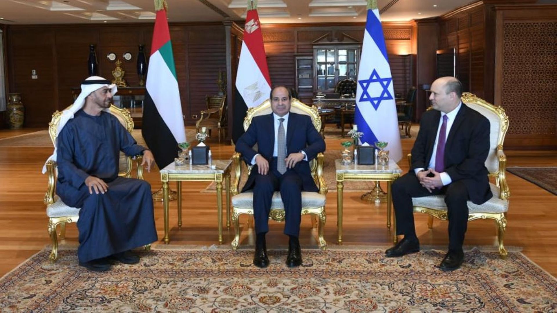Egyptian President Abdul Fattah al-Sisi, Israeli Prime Minister Naftali Bennett and the Abu Dhabi Crown Prince Mohammed bin Zayed 