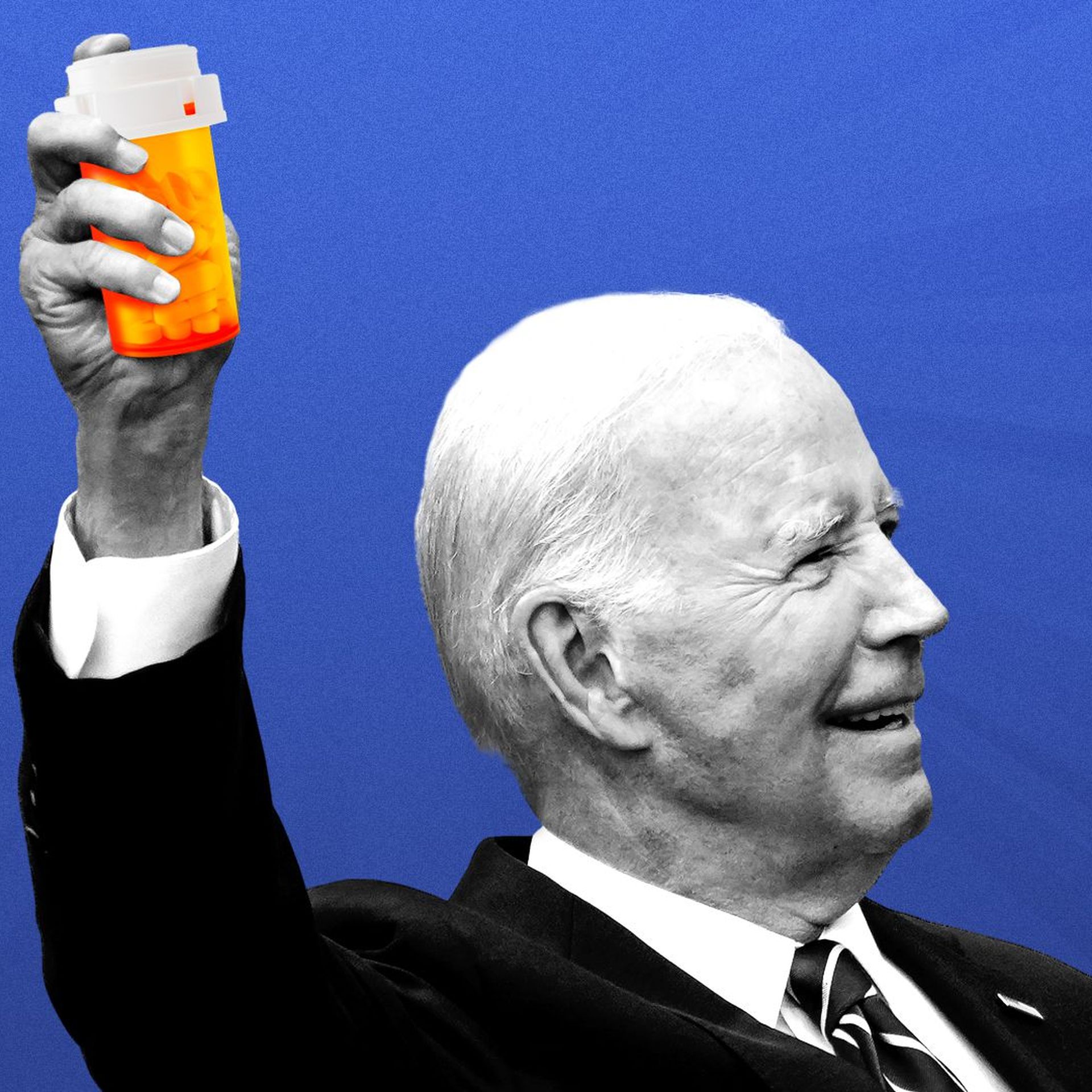 Photo illustration of President Biden holding up a prescription pill bottle