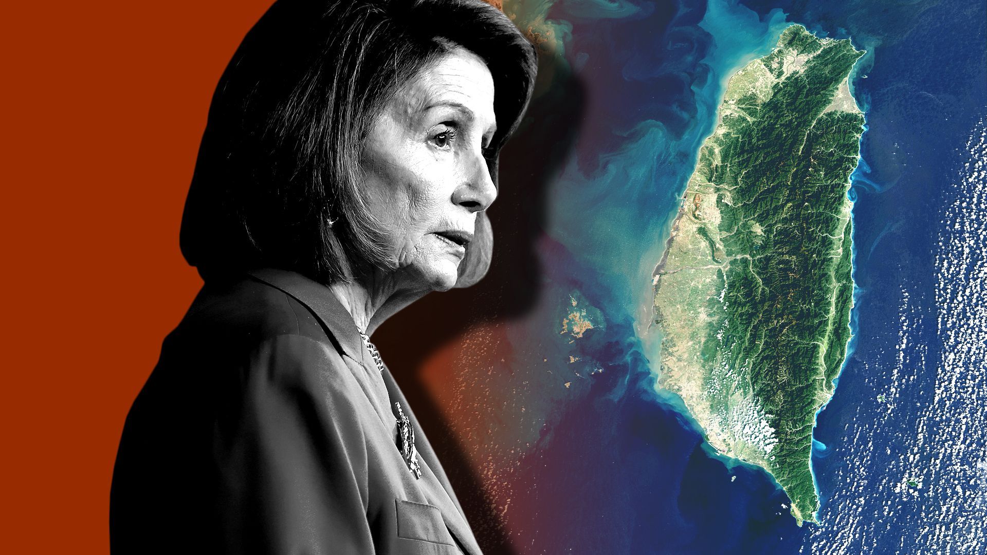 Photo illustration of Nancy Pelosi set against a red background which blends into a satellite photo of Taiwan and Taiwan Straight