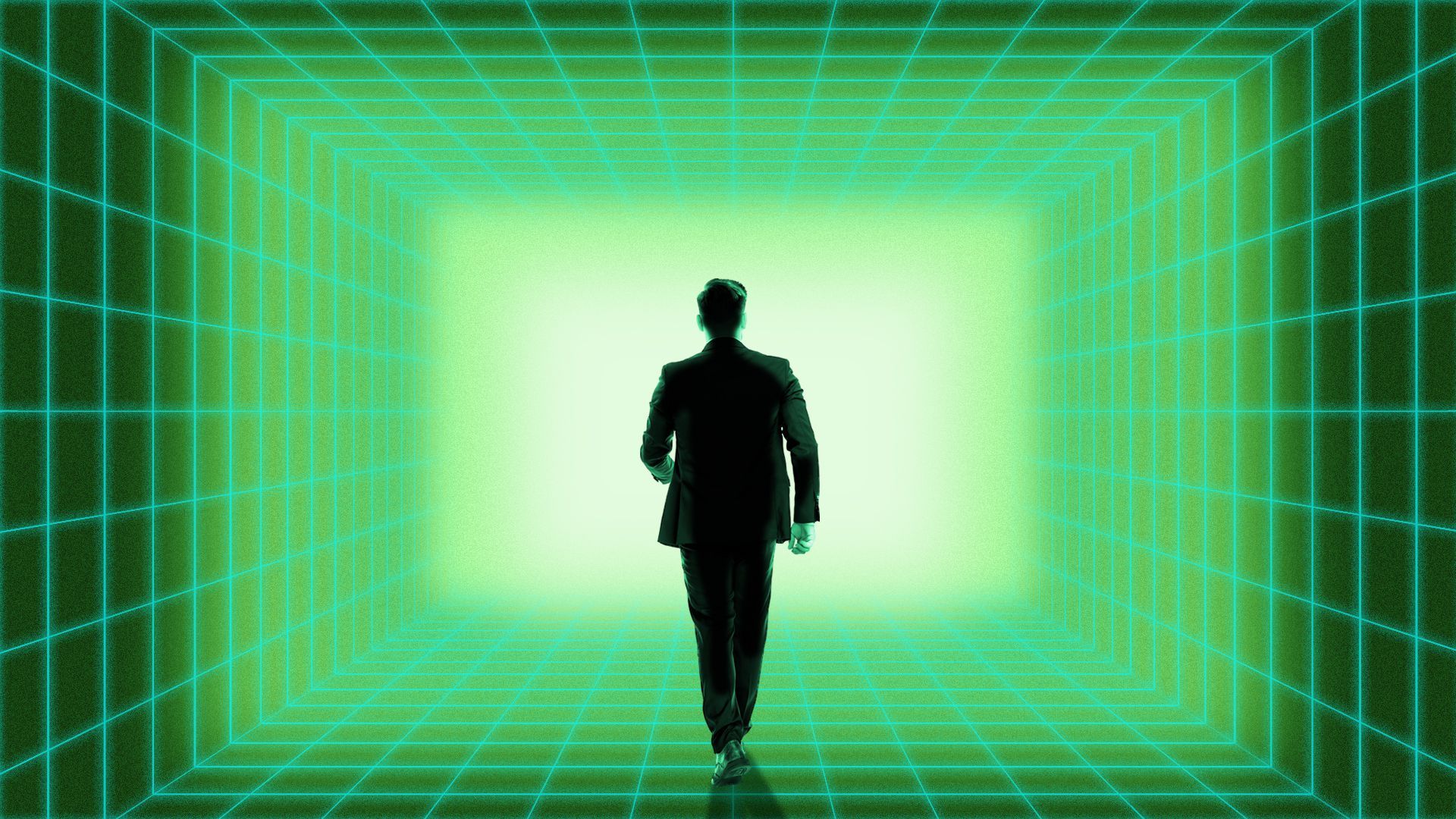 Illustration of a person walking along a gridded hallway towards a bright light