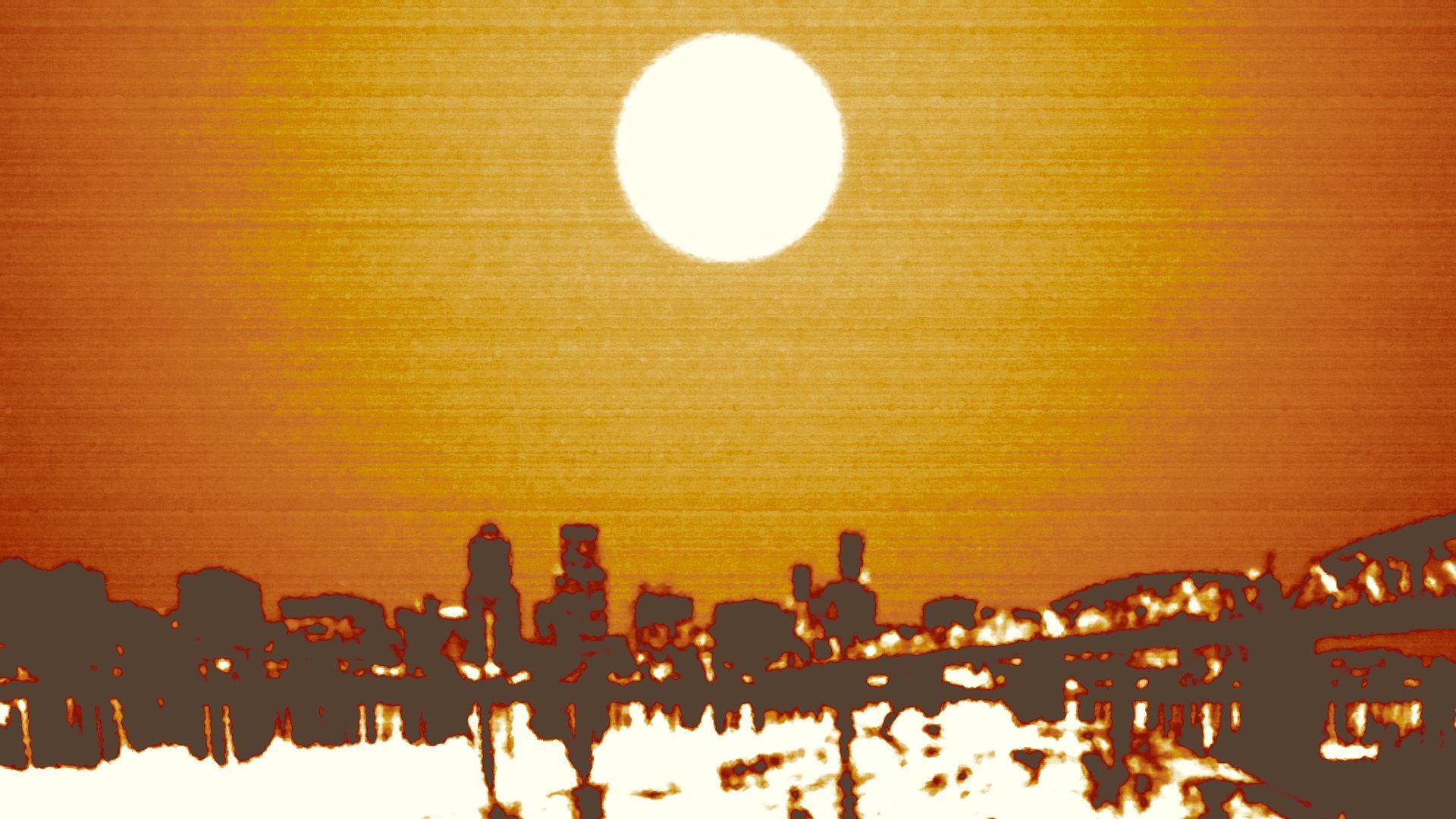 Illustration of the Portland skyline under a hot sun.