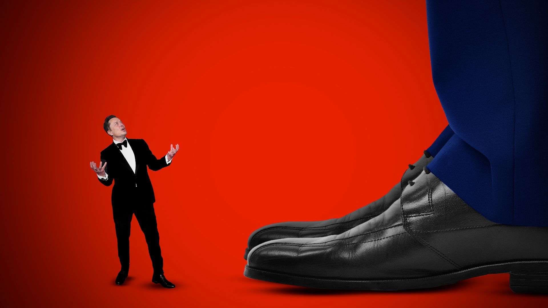 Photo illustration of a very tall President Trump next to a small angry Elon Musk.