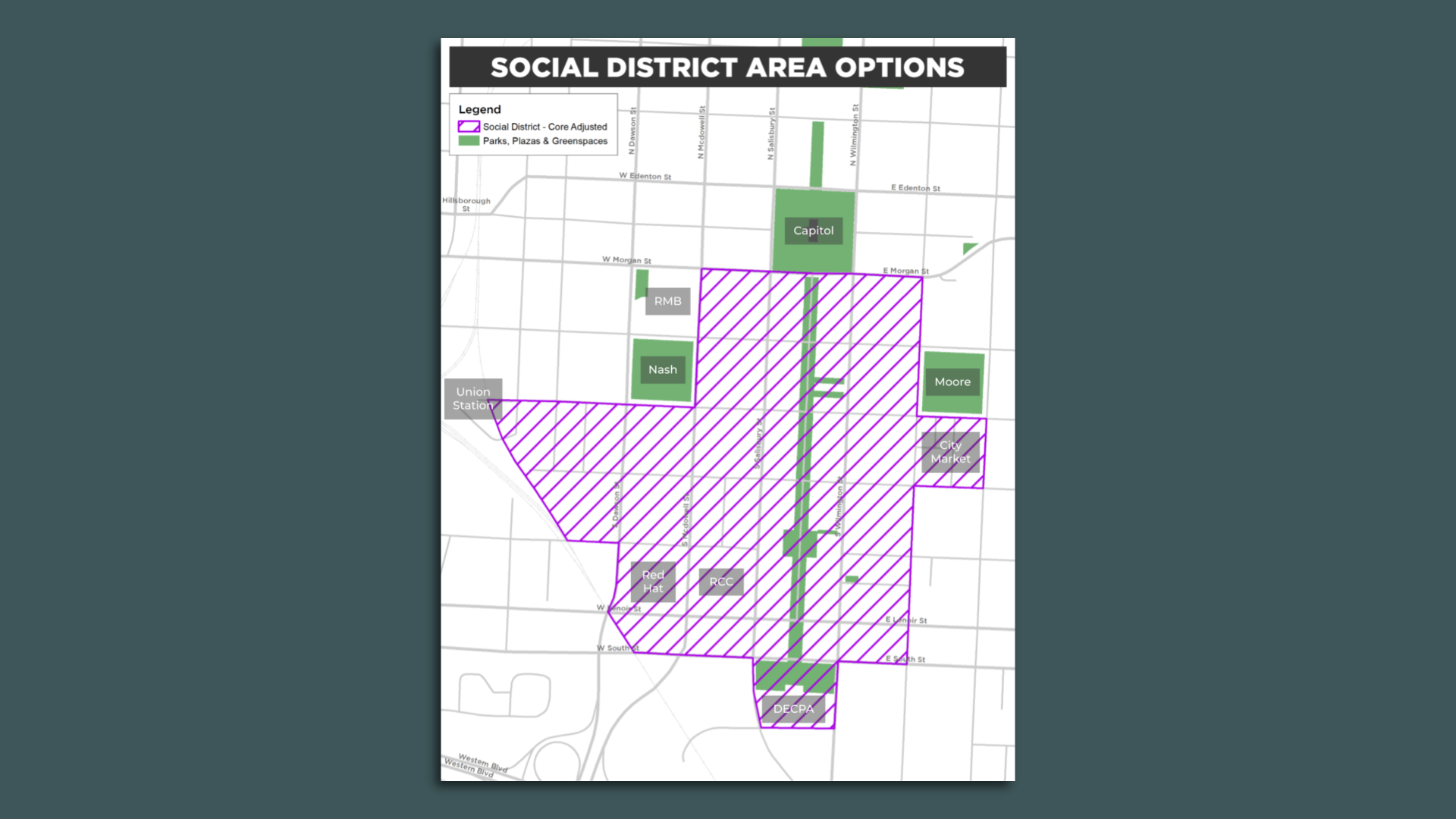 A map showing the boundaries of a new social drinking district in downtown Raleigh. 