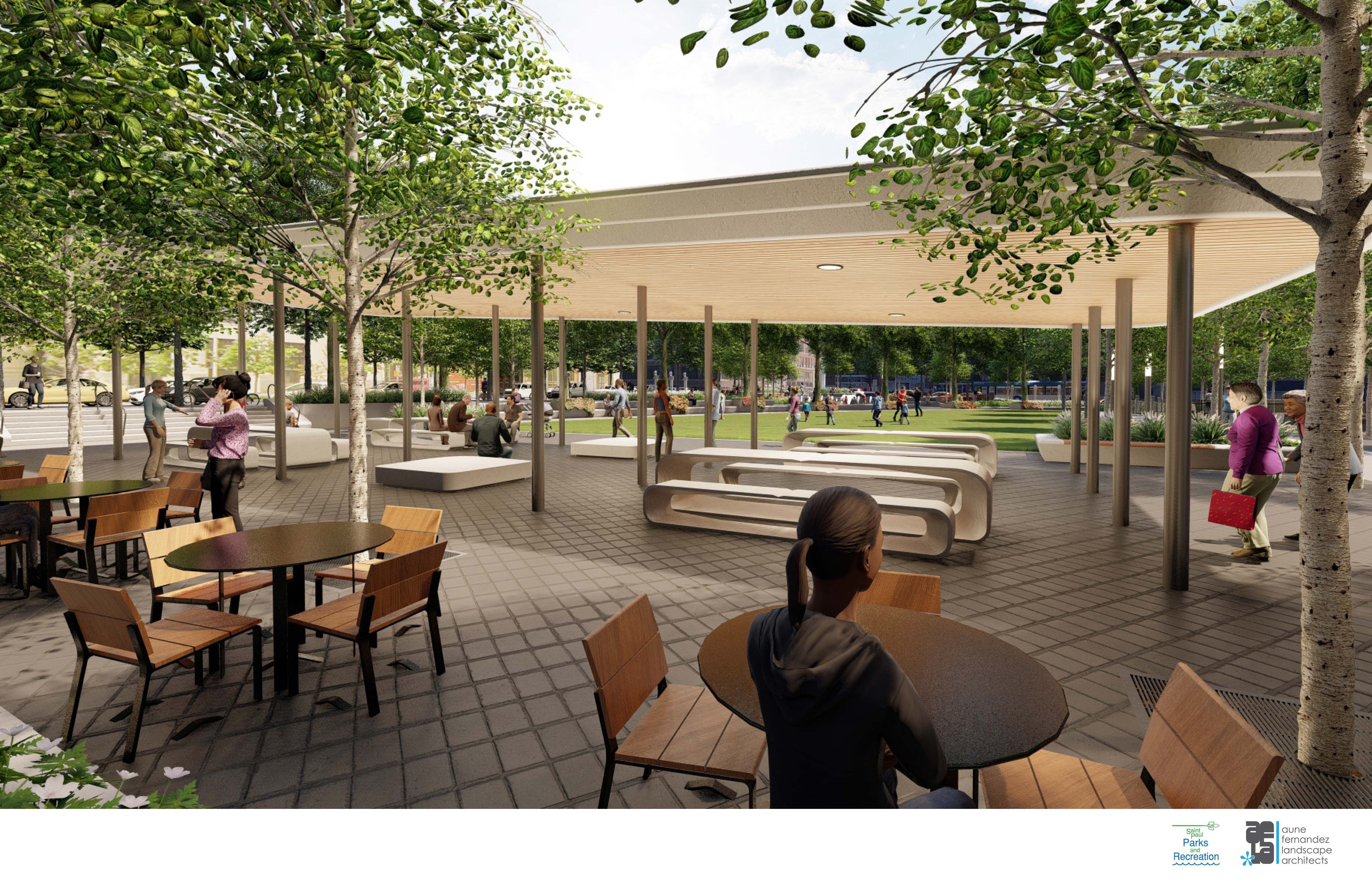 A rendering of a covered seating area at a park with picnic and patio style tables