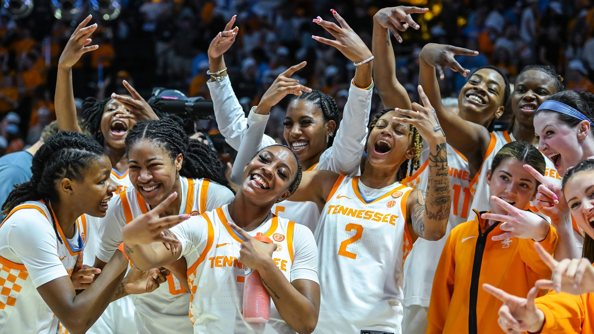 The Tennessee Lady Vols celebrate after defeating the UConn Huskies in the women's college basketball game on February 6, 2025, at Food City Center in Knoxville, TN.