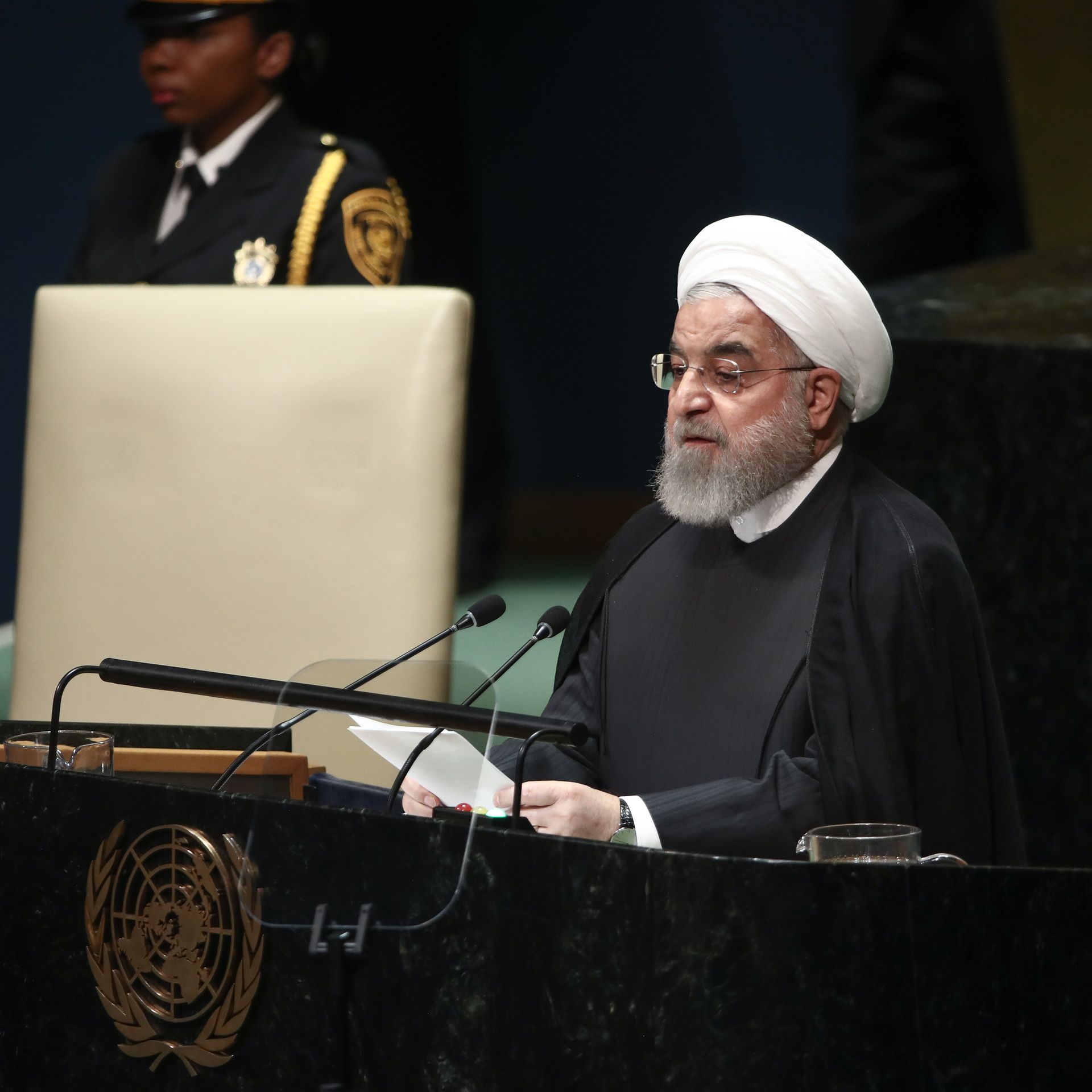 Hassan Rouhani speaking to the United Nations General Assembly from a lectern