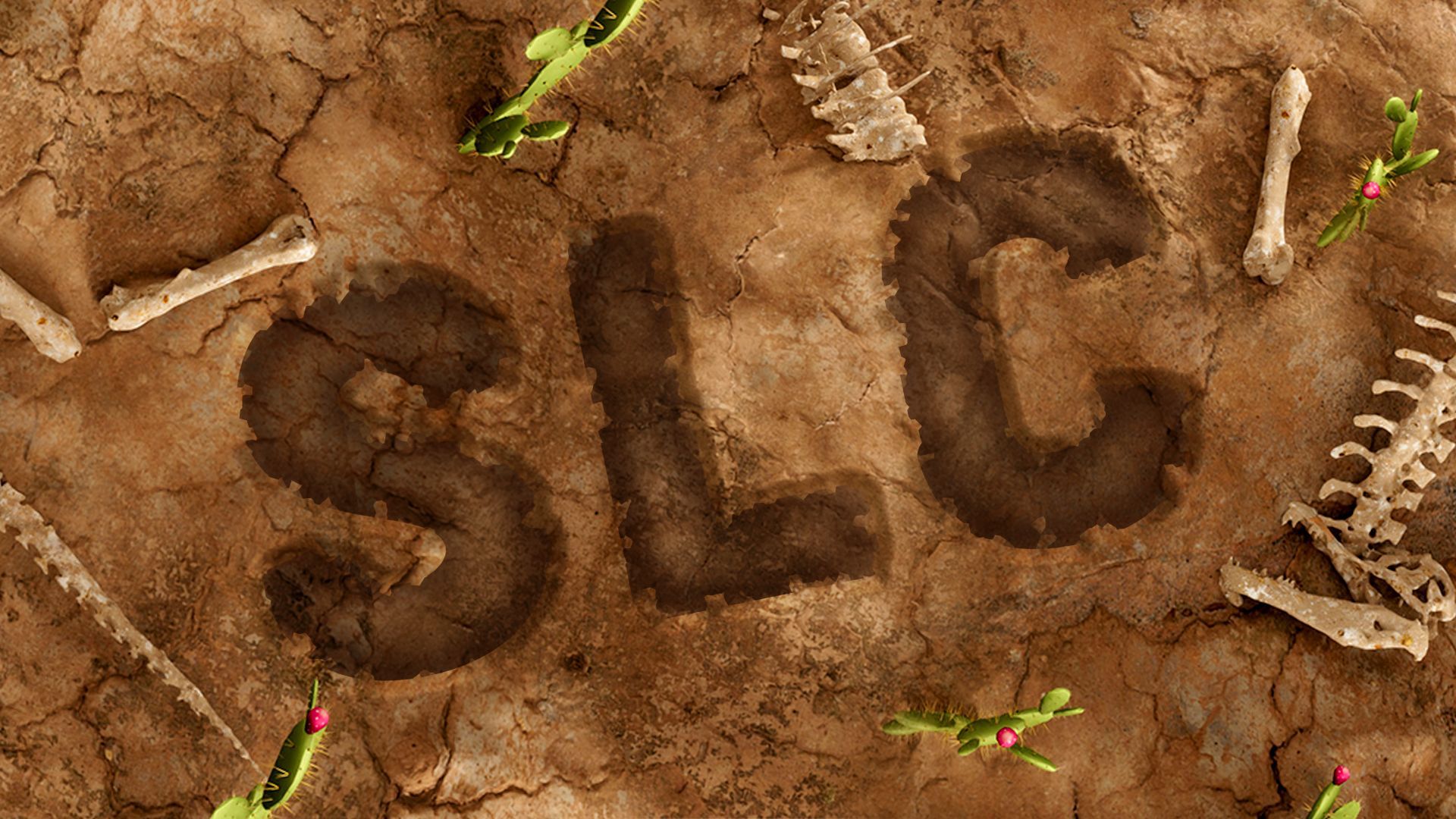 Illustration of "SLC" carved into an excavation site, surrounded by catcus and dinosaur bones. 