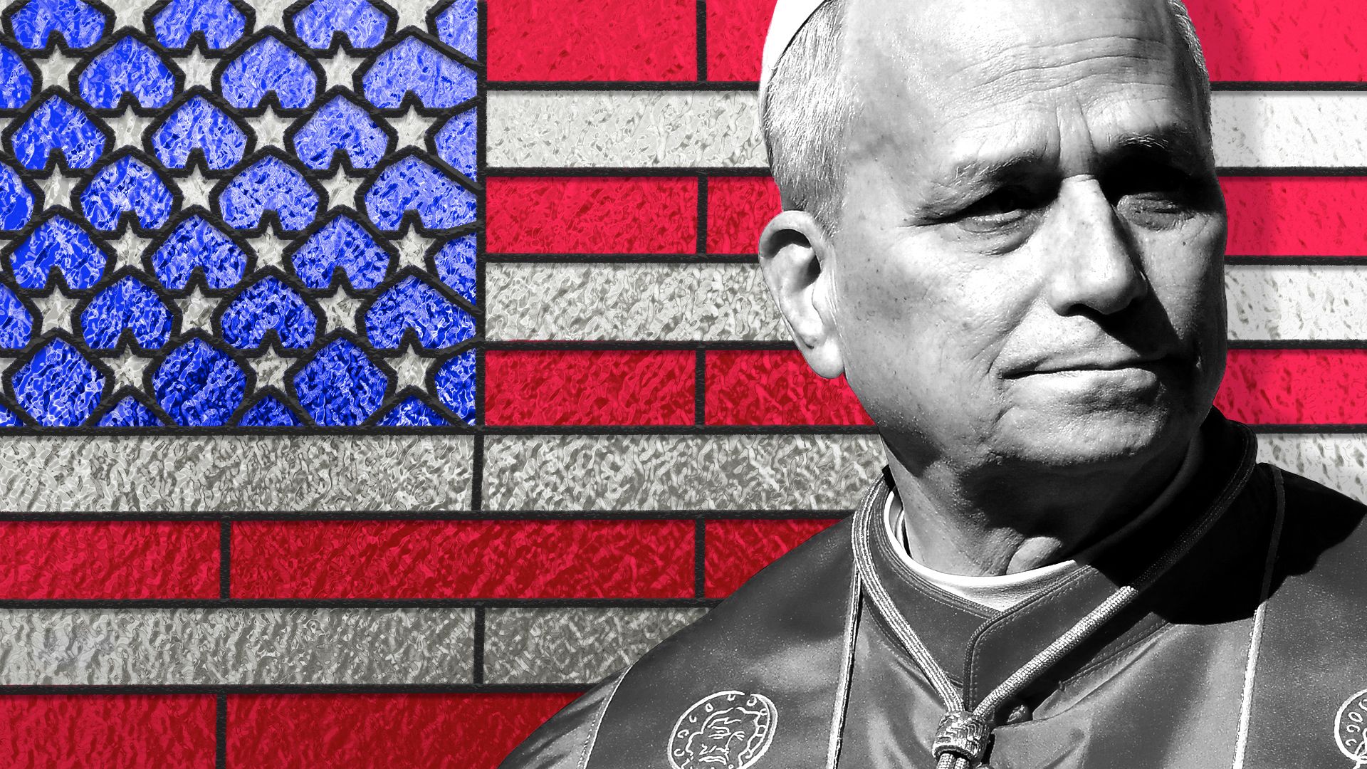 Photo illustration of Pope Leo XIV in front of an American flag made of stained glass.