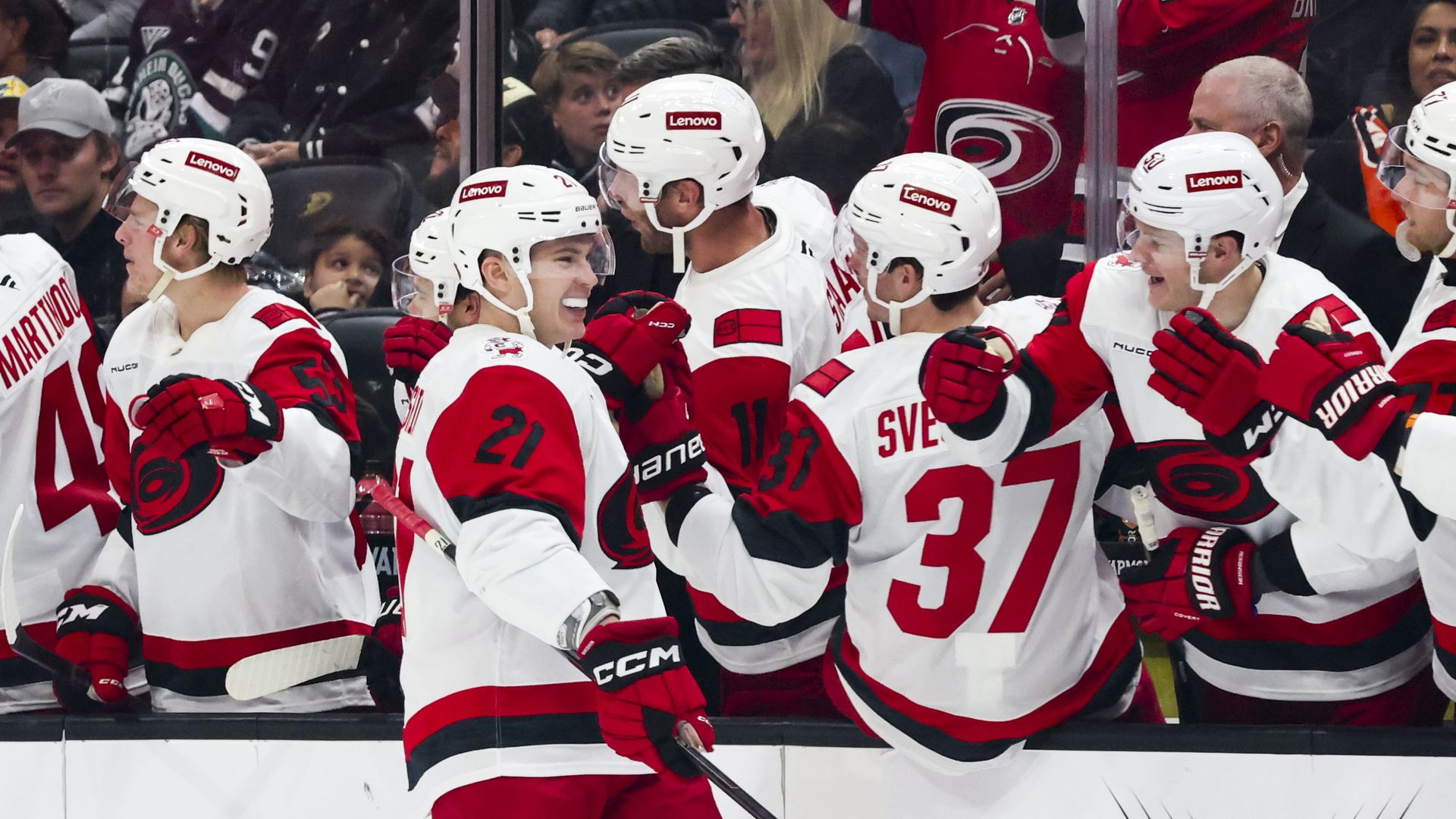 ANAHEIM, CA - OCTOBER 16: Alexander Nikishin #21 of the Carolina Hurricanes celebrates his first career NHL goal in the third period of the game against the Anaheim Ducks on October 16, 2025 at Honda Center in Anaheim, California. (Photo by Debora Robinson/NHLI via Getty Images)

