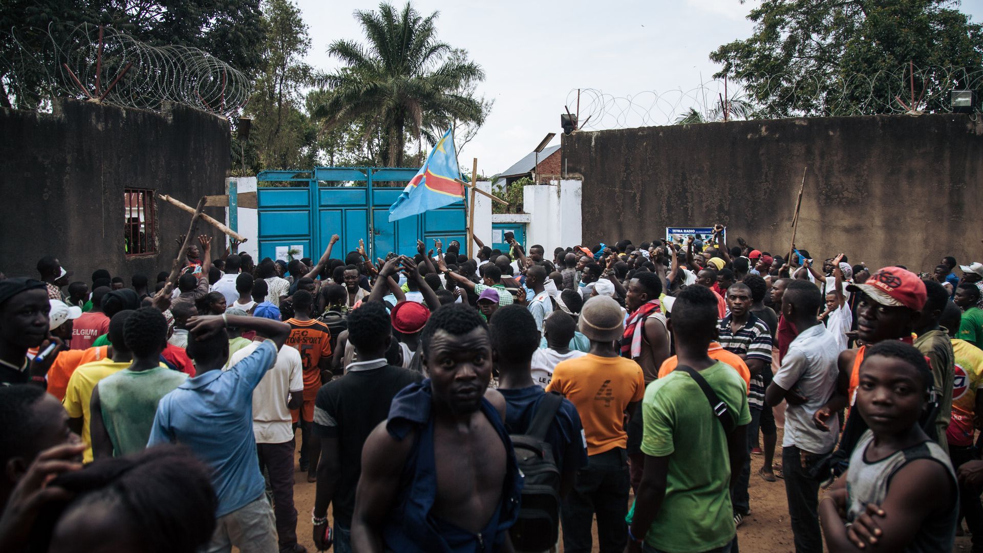 Protesters gather outside the Ebola center in Beni.