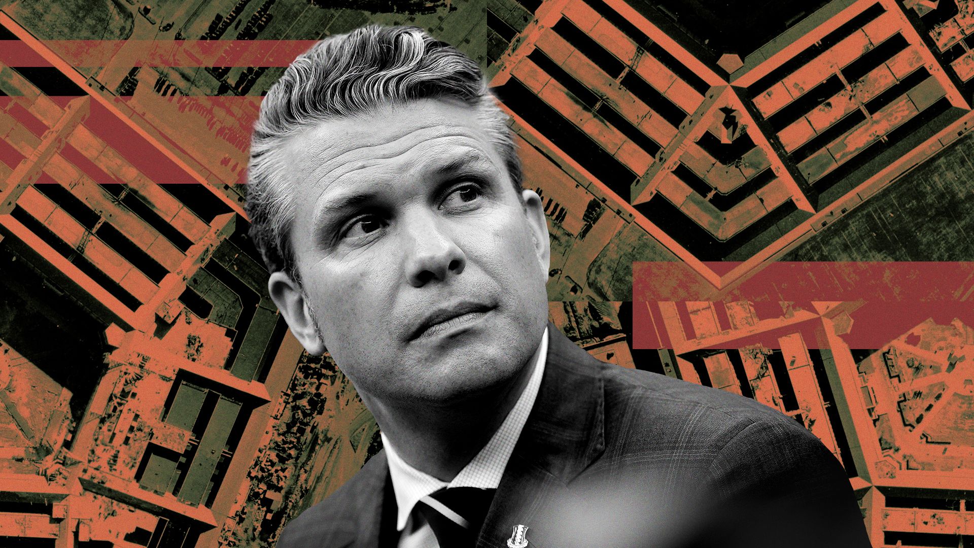 Photo illustration of Pete Hegseth with collaged photos of the Pentagon building.
