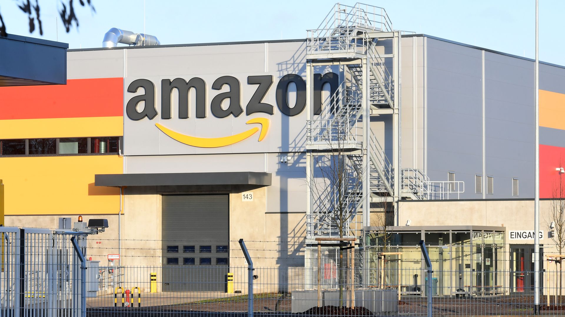 Amazon distribution center building exterior with logo