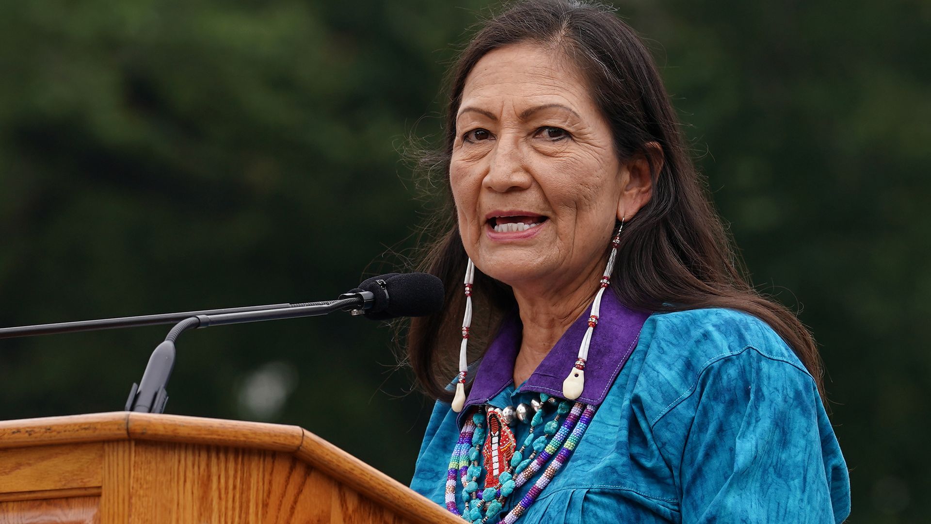 Secretary of the Interior Deb Haaland delivers remarks at an event commemorating the delivery of the Red Road Totem Pole to the Biden Administration on July 29, 2021 in Washington, DC. 