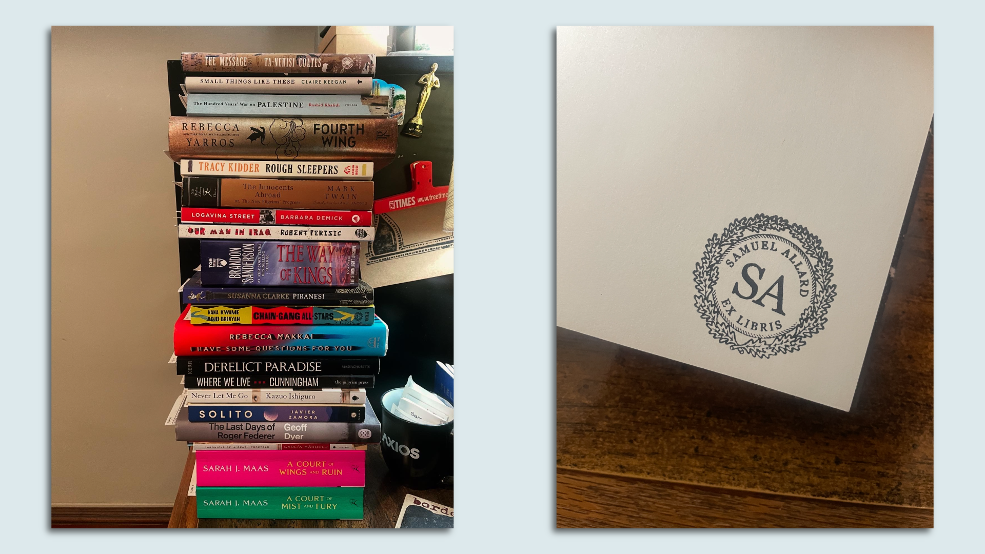 Side by side images of a book stack and a page with stamp with SA on it