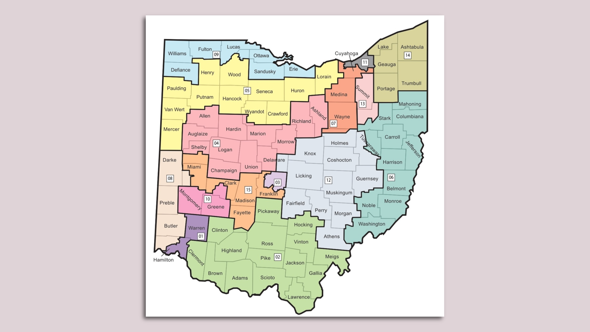 The Ohio congressional district map.