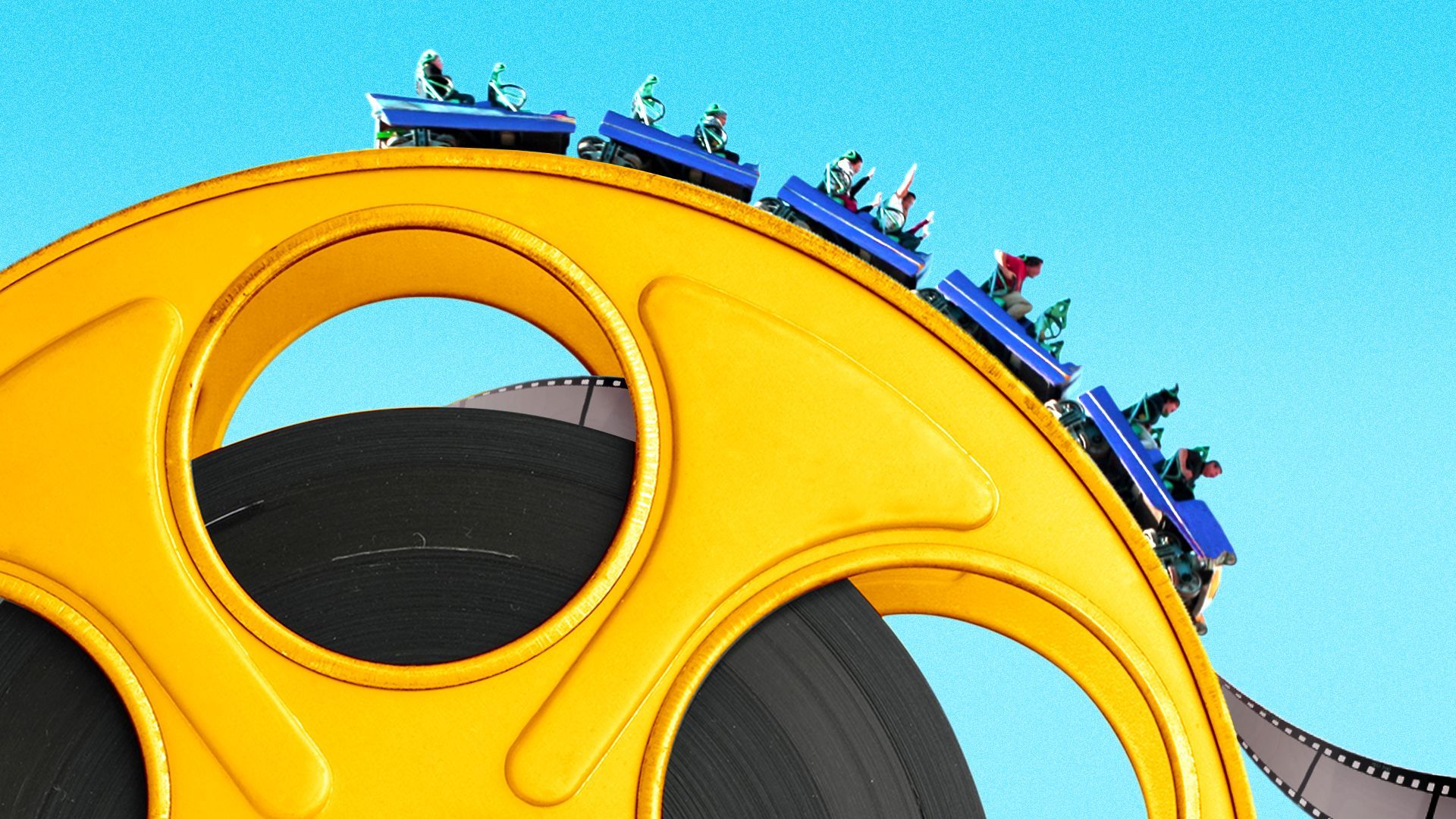 Illustration of a roller coaster car atop a peak made from a large film reel.
