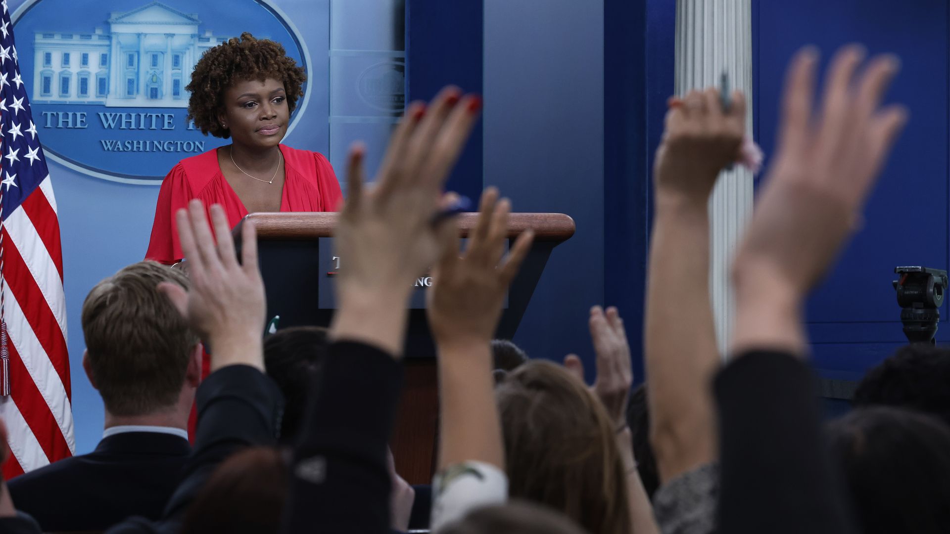 White House press secretary Karine Jean-Pierre is seen answering questions during the first day of her new job.