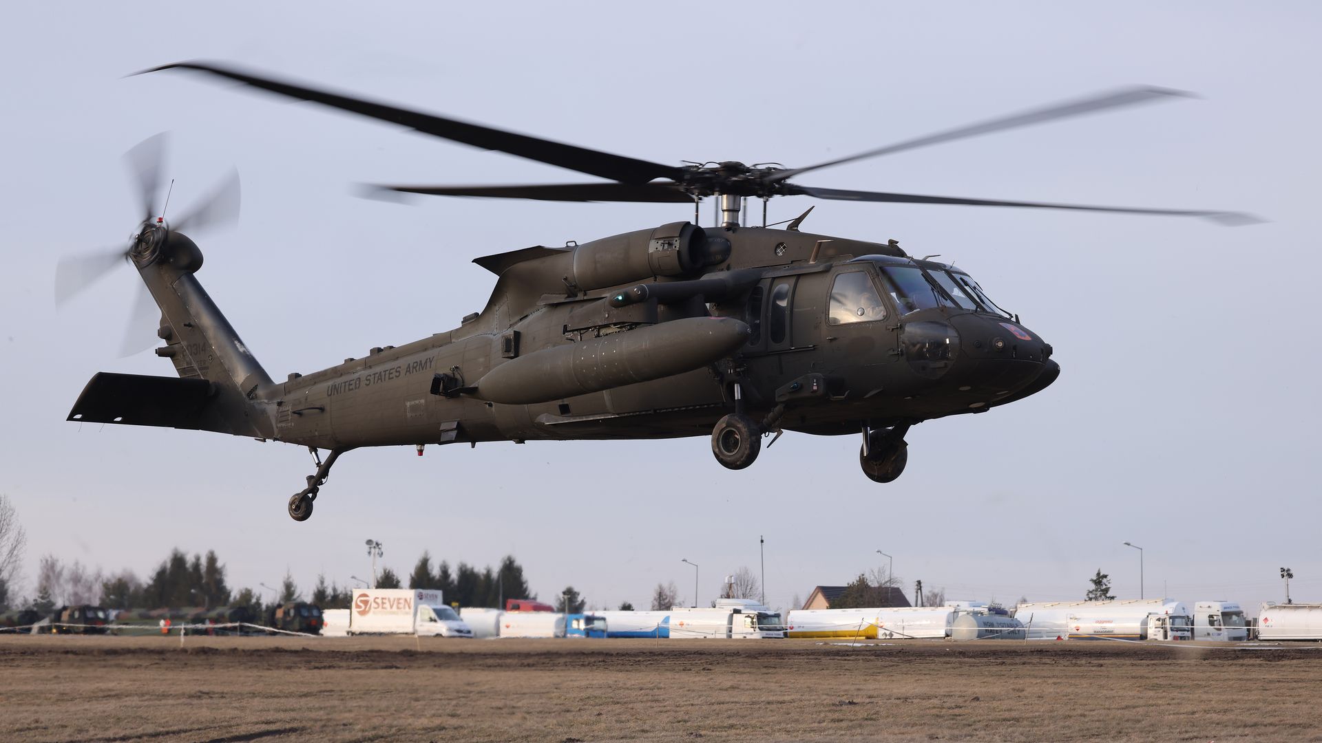A UH-60 Black Hawk military helicopter of the U.S. Army takes off after refueling at an airfield currently being used by the Army's 82nd Airborne Division on March 01, 2022 in Zamosc, Poland. 