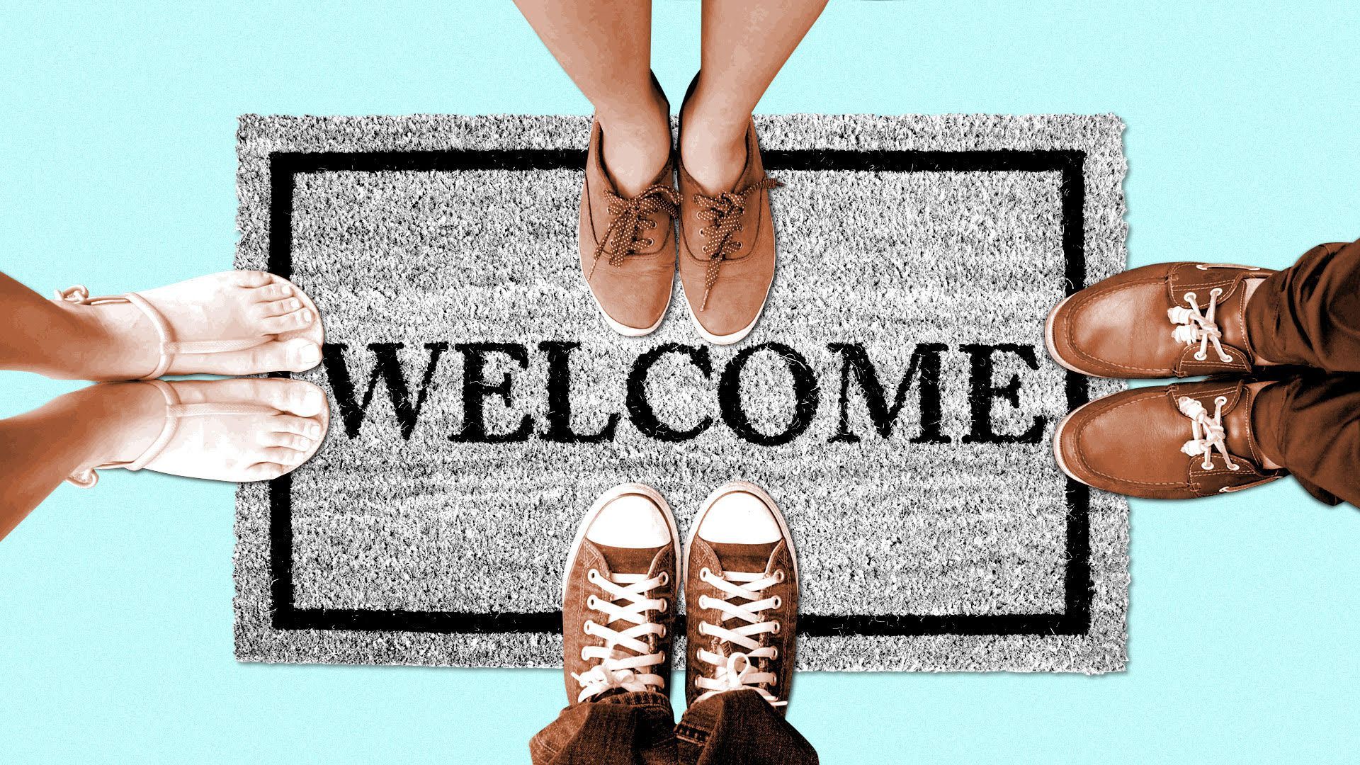 Illustration of 4 pairs of shoes on a welcome mat.