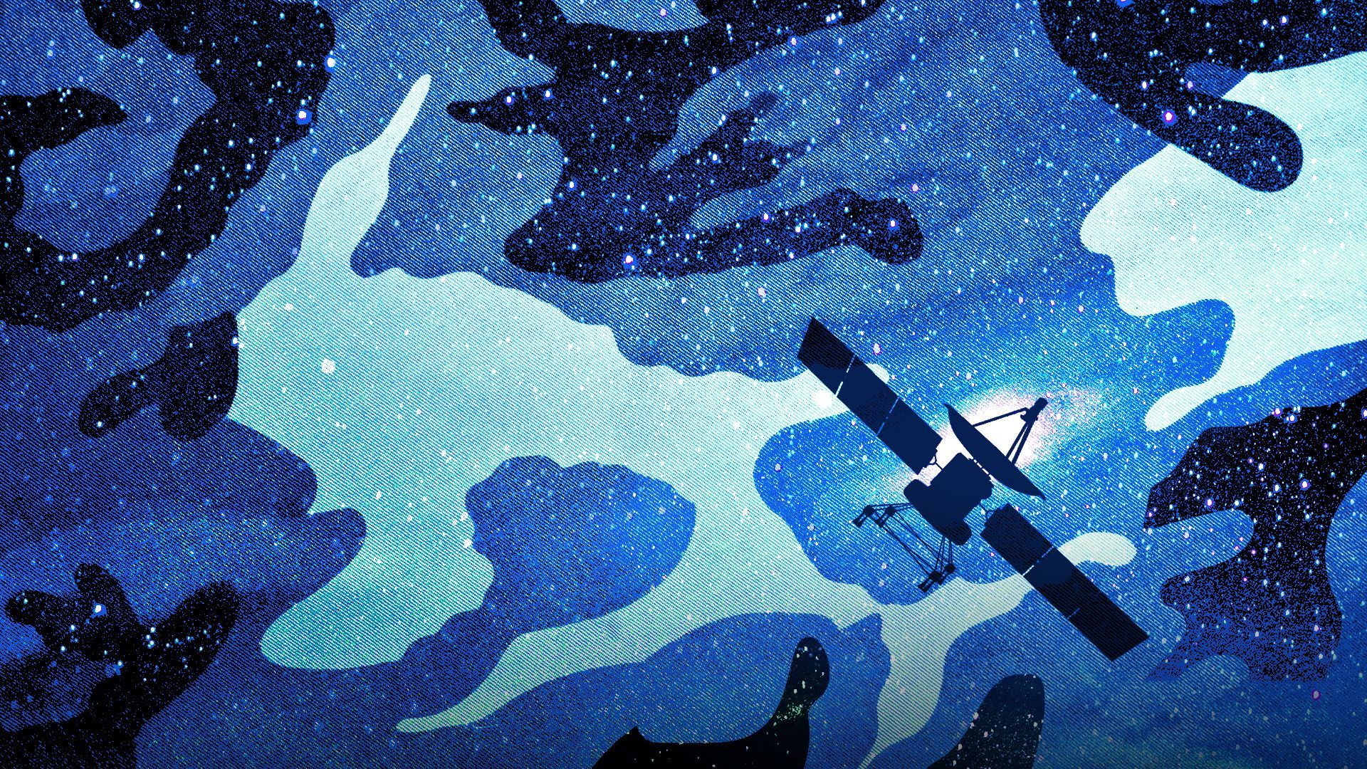 Illustration of camouflage fabric with stars and a galaxy showing through the darkest shapes of the pattern. In the foreground is a satellite. 