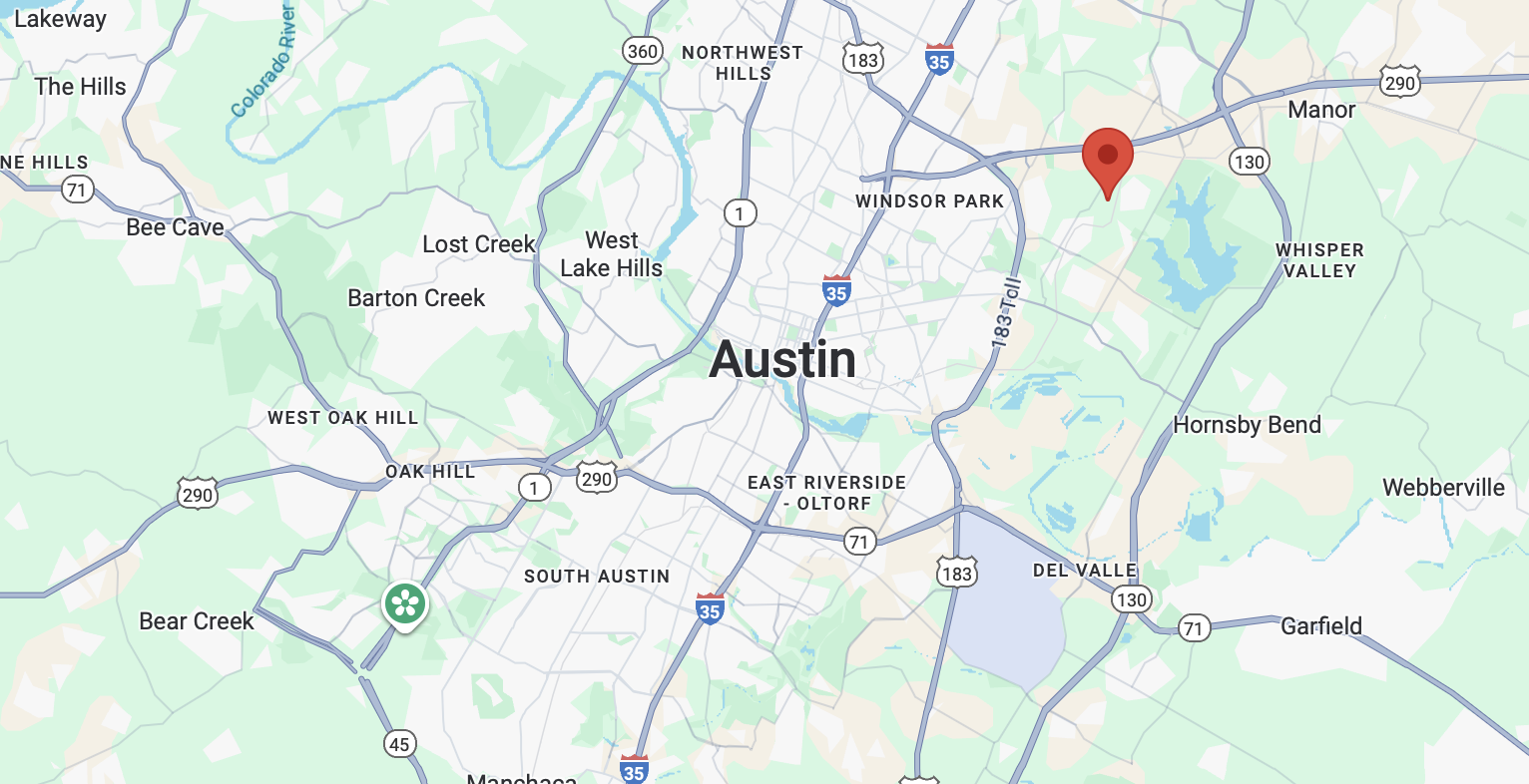 Map showing Austin, Texas, with major roads and highways including I-35, Highway 290, and 71. Neighborhoods like West Oak Hill, Hornsby Bend, and Manor are labeled. A red marker is northeast of Austin.