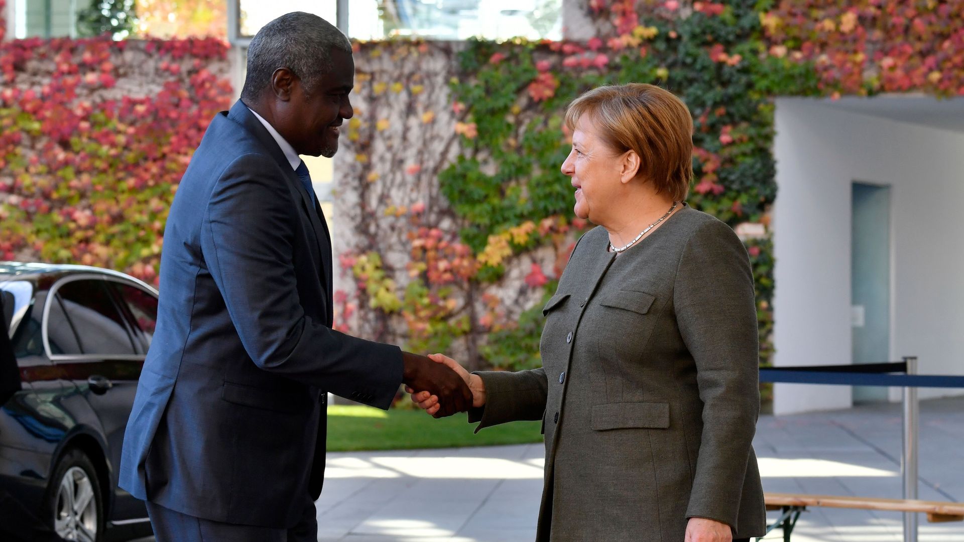 German Chancellor Angela Merkel welcomes African Union (AU) Commission Chairman, Moussa Faki 