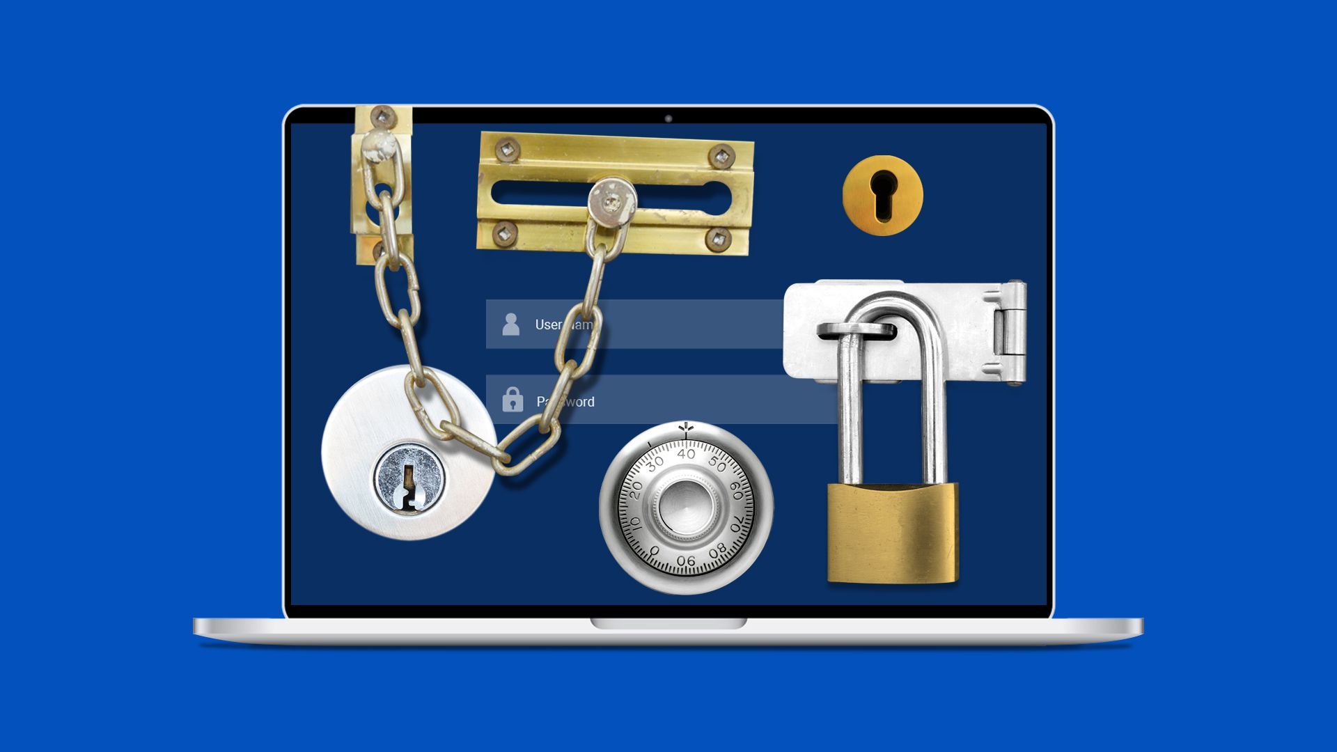 Illustration of a laptop with many different locks on it