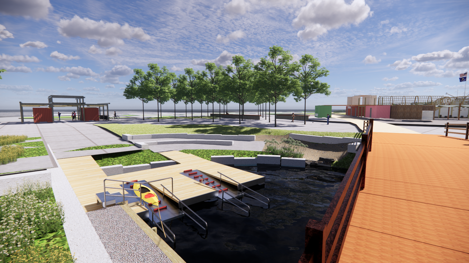 Rendering shows a landscaped kayak launch that leads to a waterway