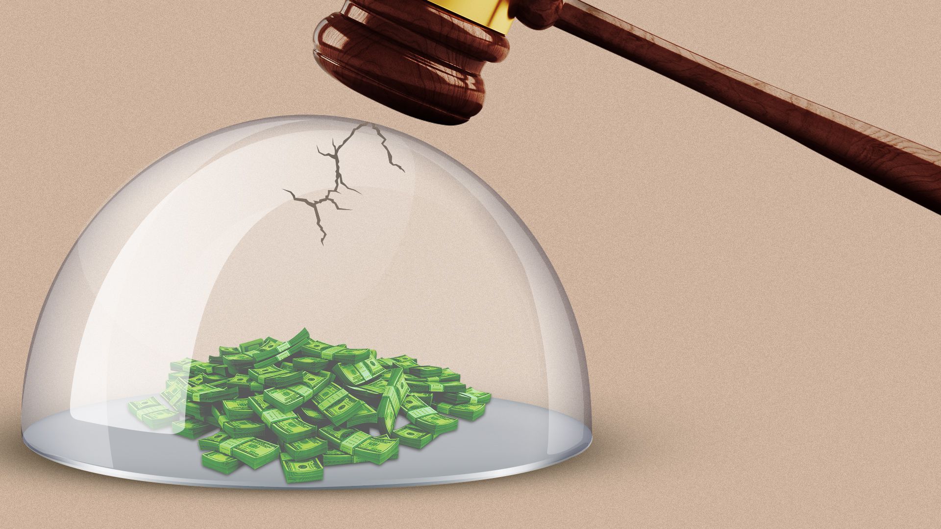 Illustration of a pile of money under a cracked glass dome with a gavel hovering overhead. 