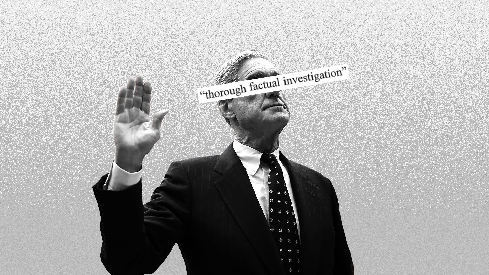 Illustration of Robert Mueller with, "through factual investigation" printed over his face.