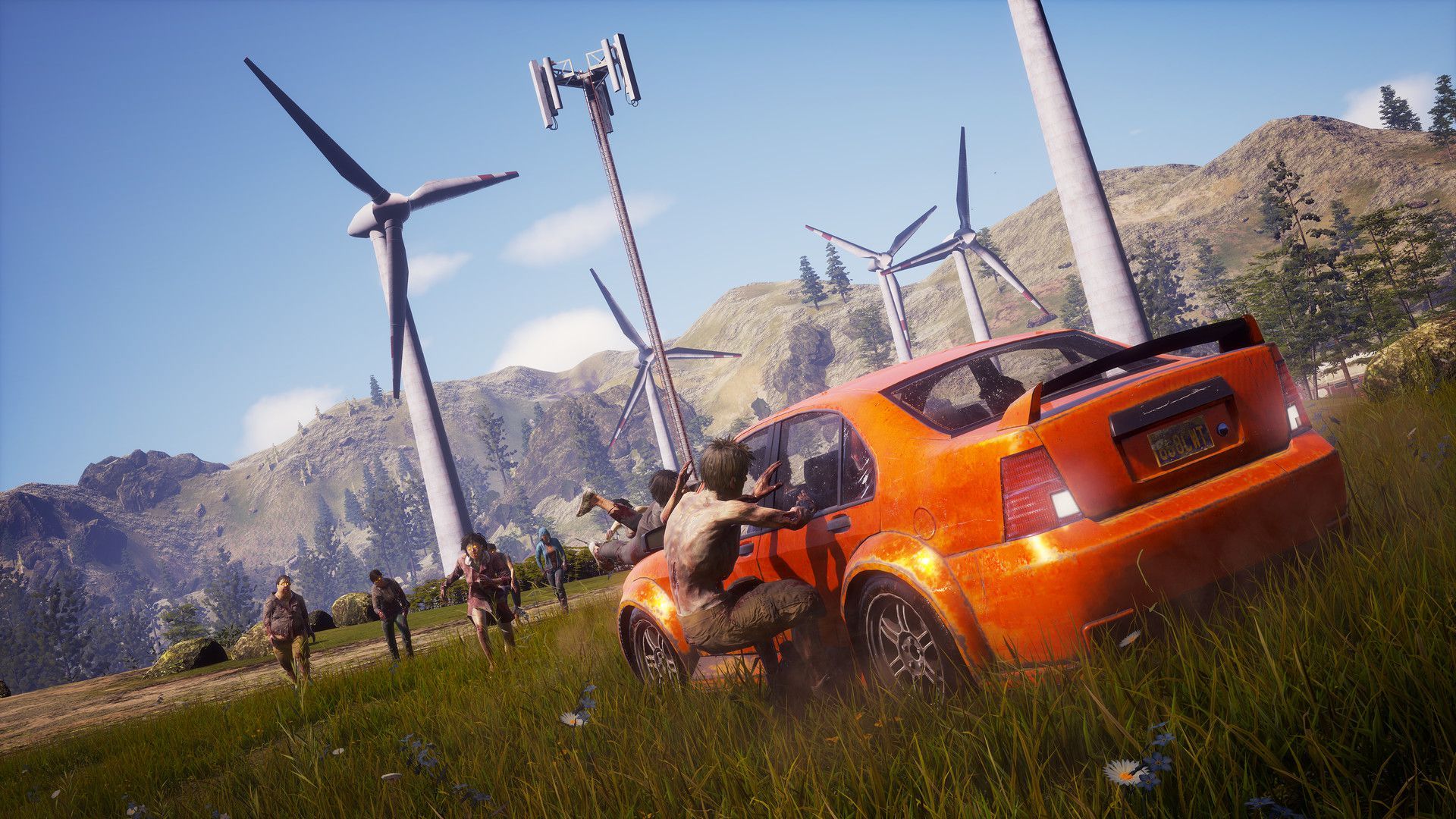 An animated man squats near an orange car in a field with windmills