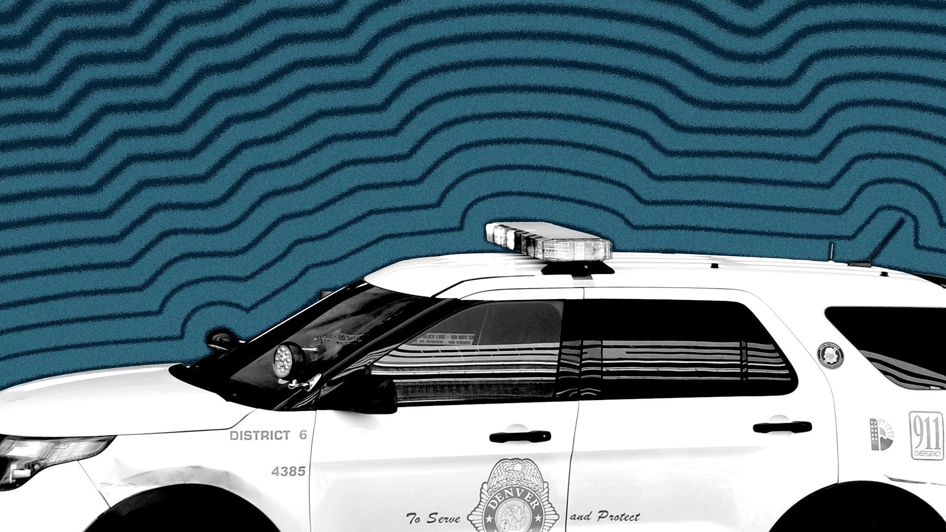 Photo illustration of a Denver Police cruiser with lines radiating from it.