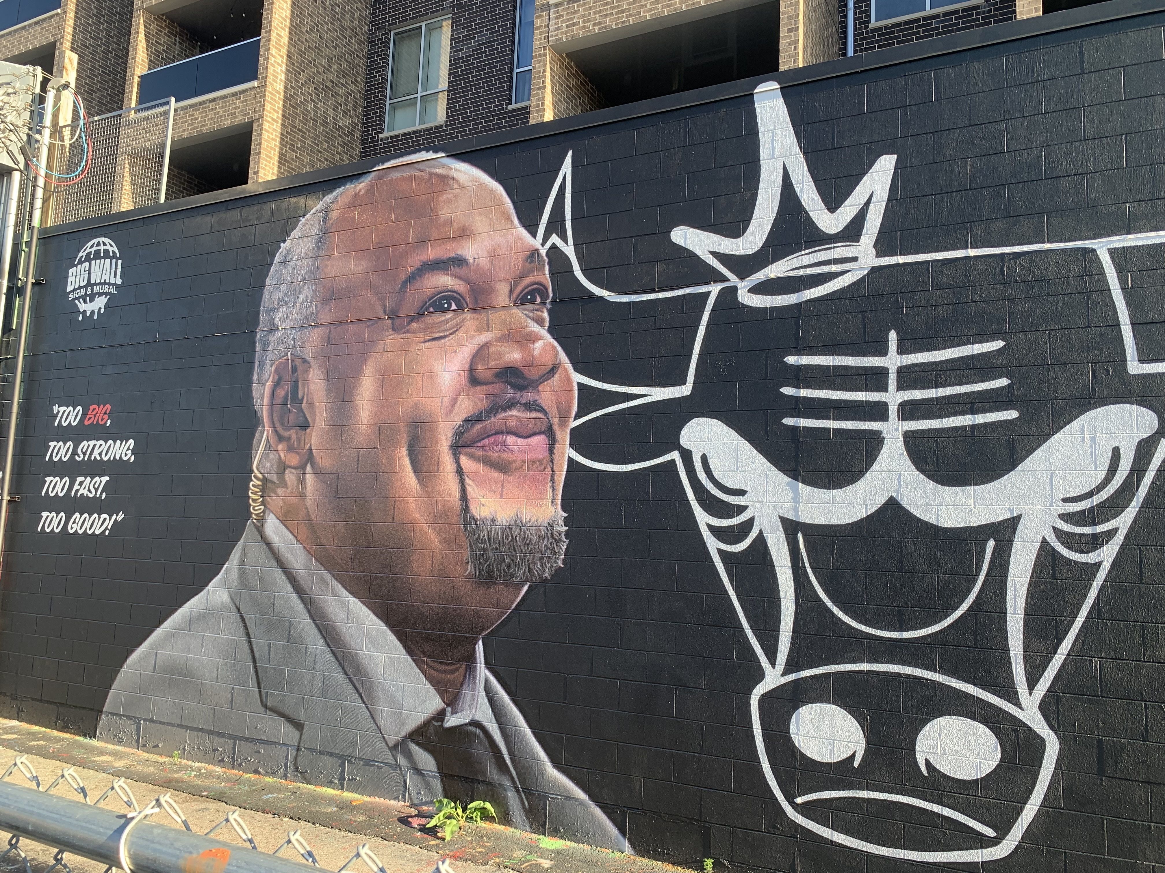 Urban mural on a dark brick wall showing a close-up portrait of a man in a suit with a gray goatee, bold white graffiti script across the right, and the text "BIG WALL SIGN & MURAL" with slogans.