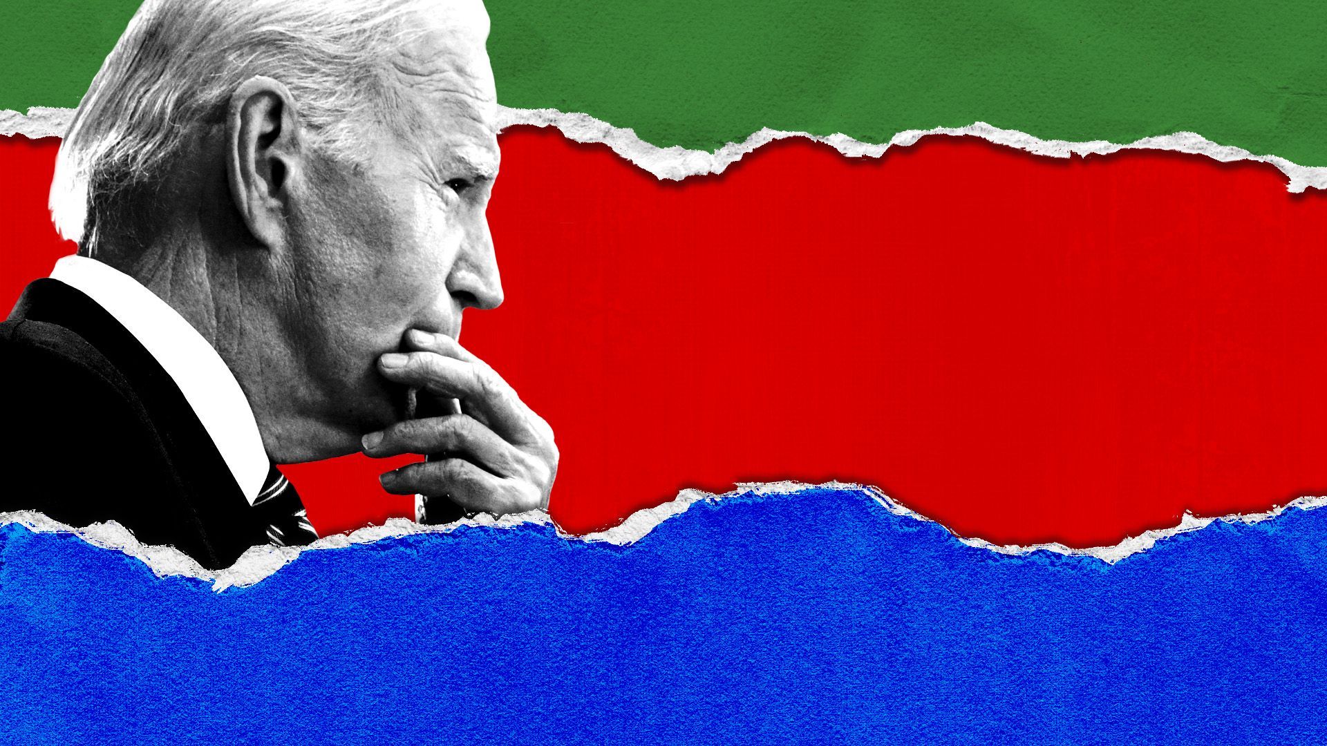 Photo illustration of President Biden and pieces of torn paper in blue and green